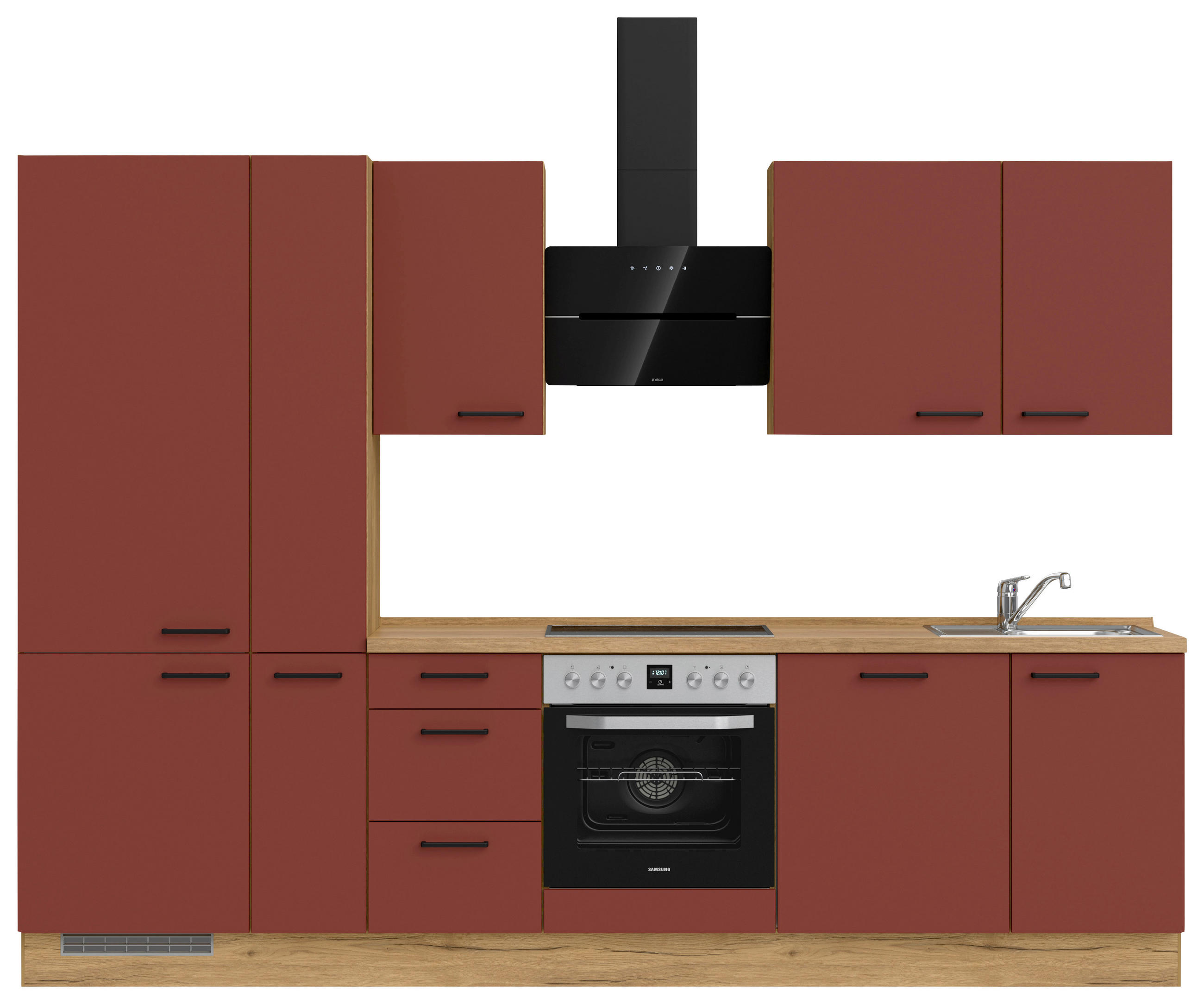 KÜCHENLEERBLOCK 300 cm   in Rot, Eichefarben  - Eichefarben/Rot, MODERN, Holzwerkstoff/Metall (300cm) - Nobilia