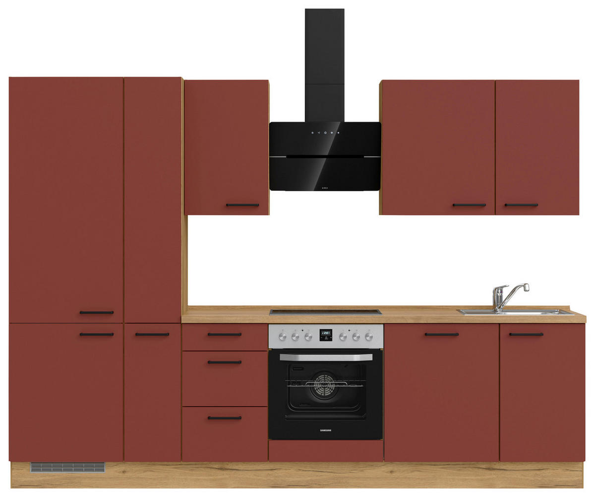 KÜCHENLEERBLOCK 300 cm   in Rot, Eichefarben  - Eichefarben/Rot, MODERN, Holzwerkstoff/Metall (300cm) - Nobilia