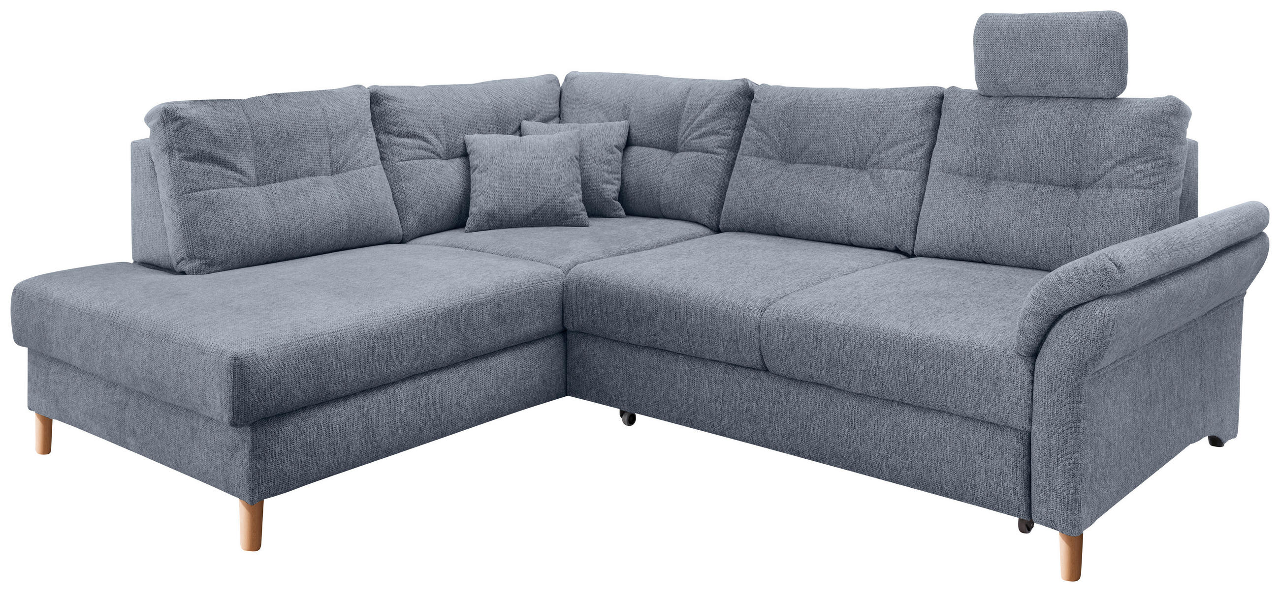 ECKSOFA Hellblau Chenille Bettkasten, Schlaffunktion, Sitztiefenverstellung, Kopfstütze, Liegefläche im Originalstoff  - Naturfarben/Hellblau, MODERN, Holz/Textil (206/264cm) - Livetastic