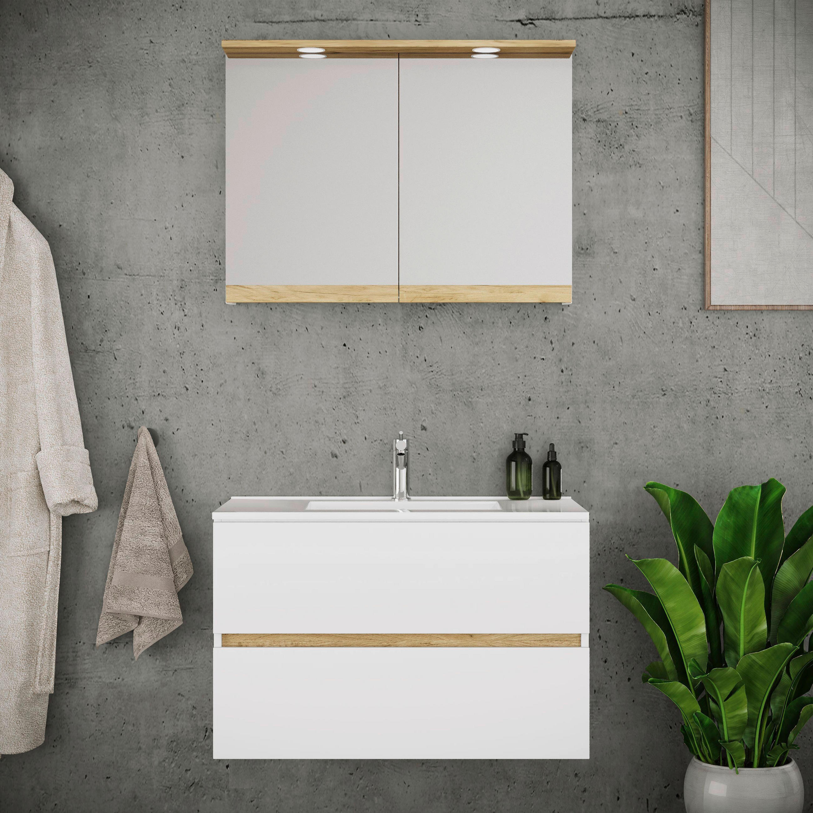 BADEZIMMER 3-teilig 81 cm  - Honigeiche/Weiss, Trend, Keramik/Holzwerkstoff (81cm) - MID.YOU