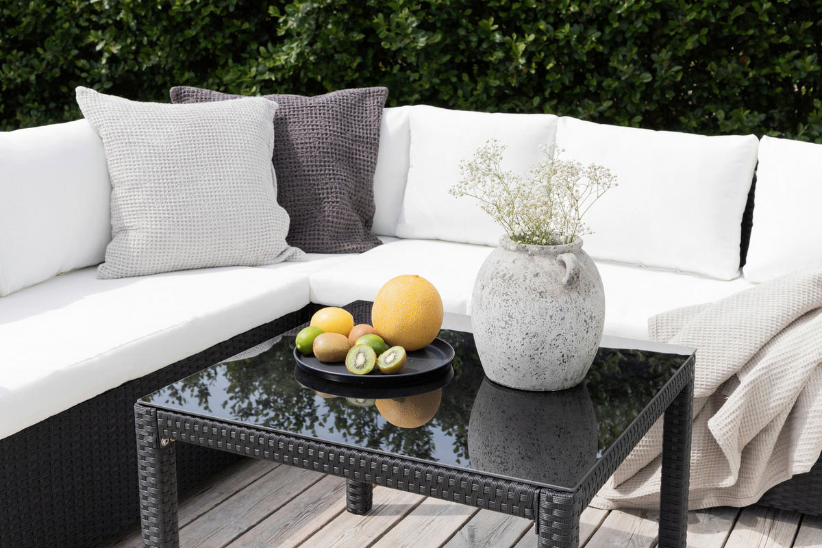 LOUNGEGARNITUR Stahl  - Schwarz/Weiß, KONVENTIONELL, Glas/Kunststoff (59/180/64cm) - Gardenson