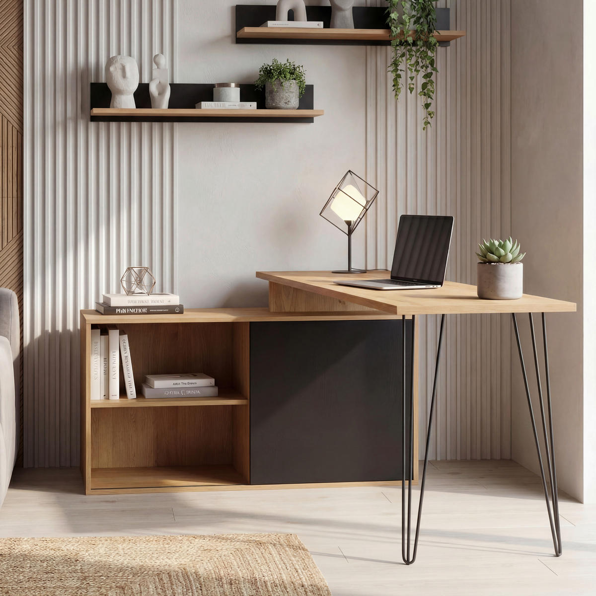 ECKSCHREIBTISCH 130/110/74,5 cm Braun Stauraum, Regal  - Schwarz/Braun, Design, Holzwerkstoff/Metall (130/110/74,5cm) - Livetastic