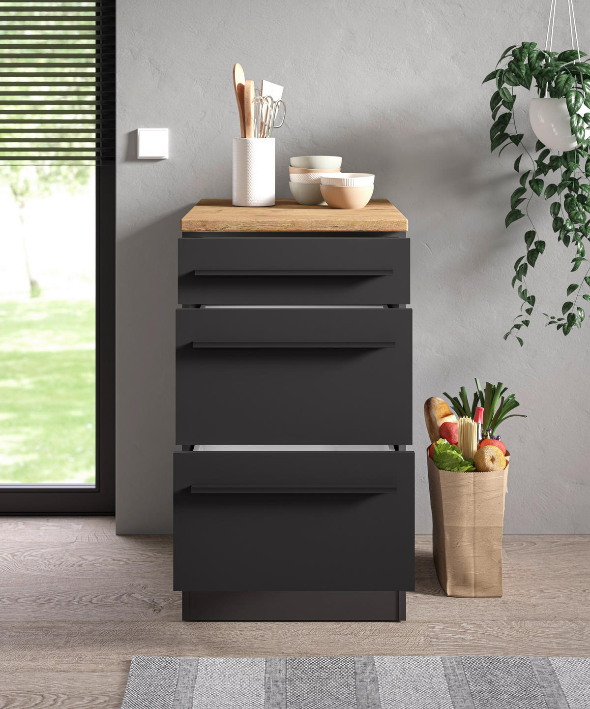 SCHUBKASTENUNTERSCHRANK 50/90/60 cm  in Schwarz  - Eichefarben/Schwarz, Design, Holzwerkstoff/Kunststoff (50/90/60cm) - P & B