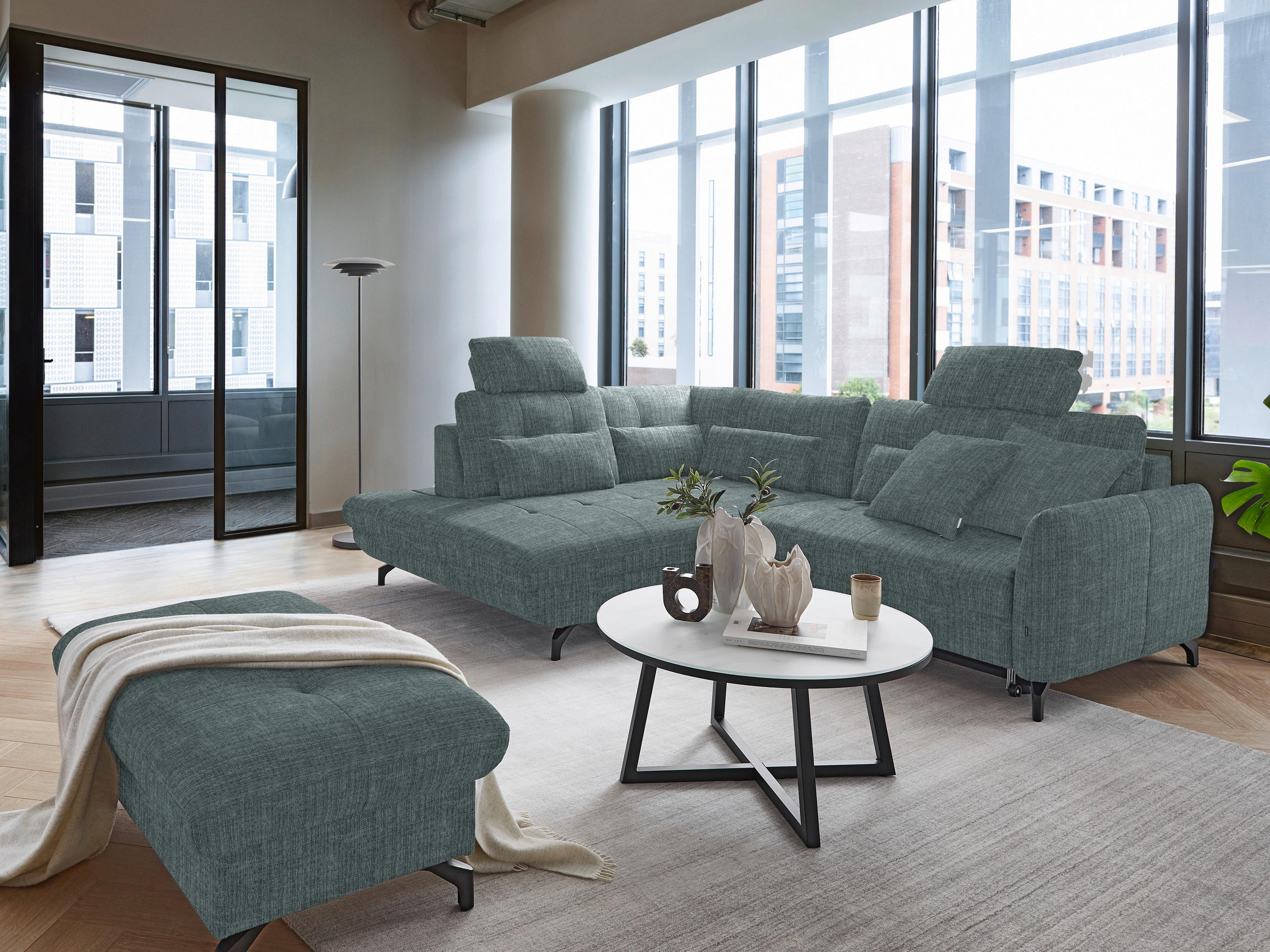 ECKSOFA in Flachgewebe, Leinenoptik Blau  - Blau/Schwarz, Design, Textil/Metall (208/247cm) - Xora