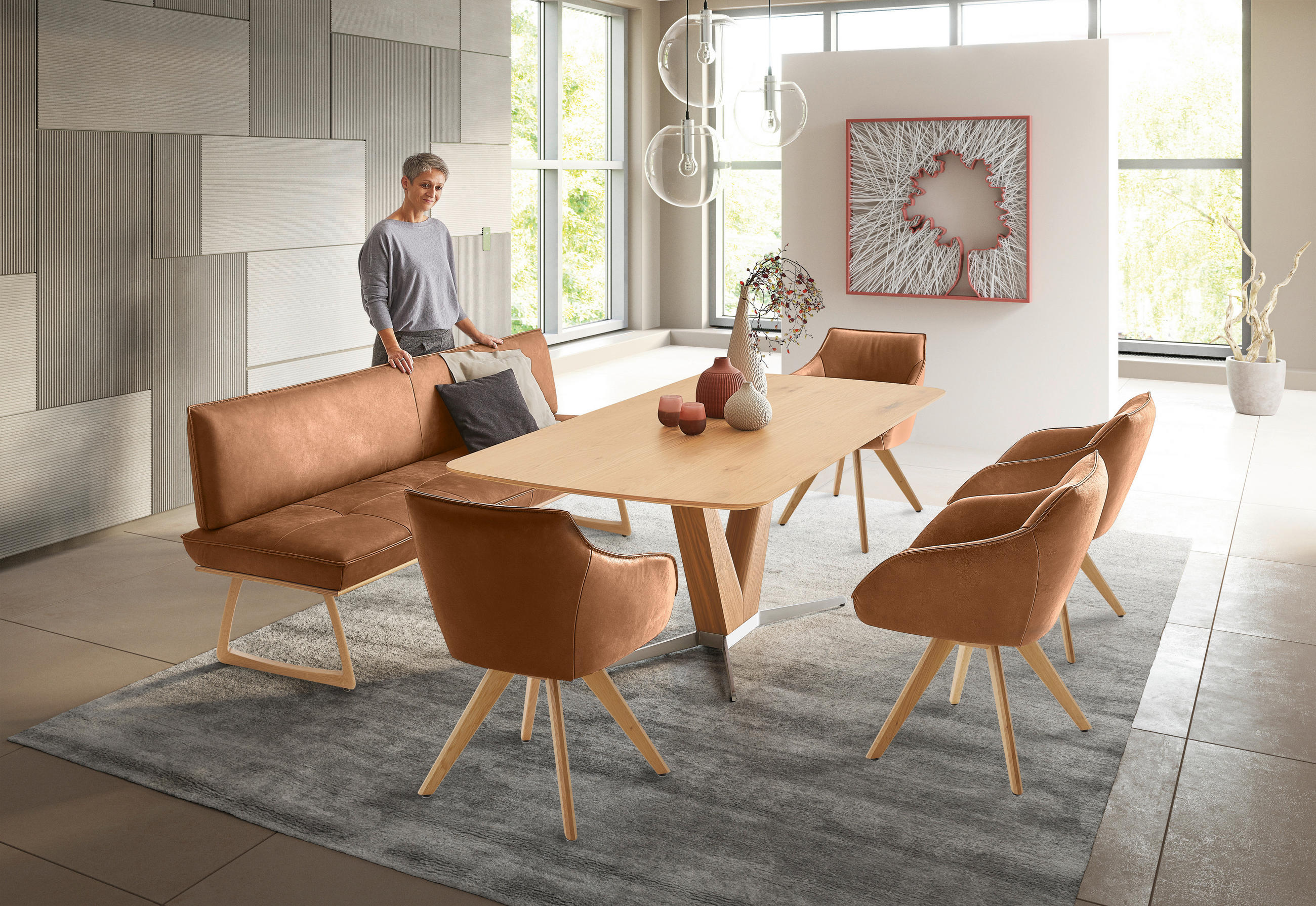 SITZBANK 214/88/66 cm  in Cognac, Wildeiche  - Wildeiche/Eichefarben, Design, Leder/Holz (214/88/66cm) - Koinor