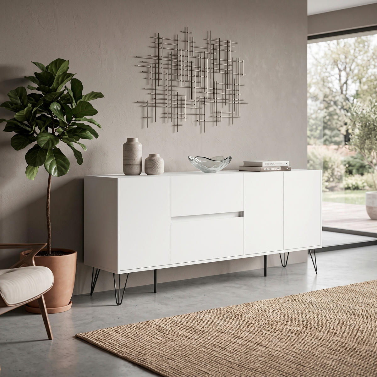 SIDEBOARD Posseik Industrial 177/75,8/42 cm 2 Schublade(n)  - Weiß Hochglanz/Schwarz, Design, Holzwerkstoff/Metall (177/75,8/42cm) - MID.YOU