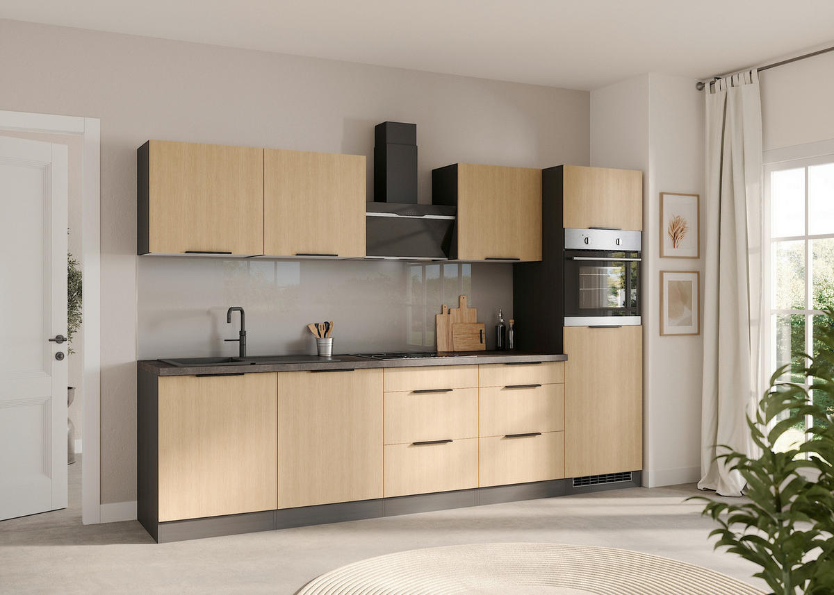KÜCHENBLOCK 300 cm   in Graphitfarben, Eichefarben  - Eichefarben/Schwarz, Lifestyle, Holzwerkstoff/Metall (300cm) - Held