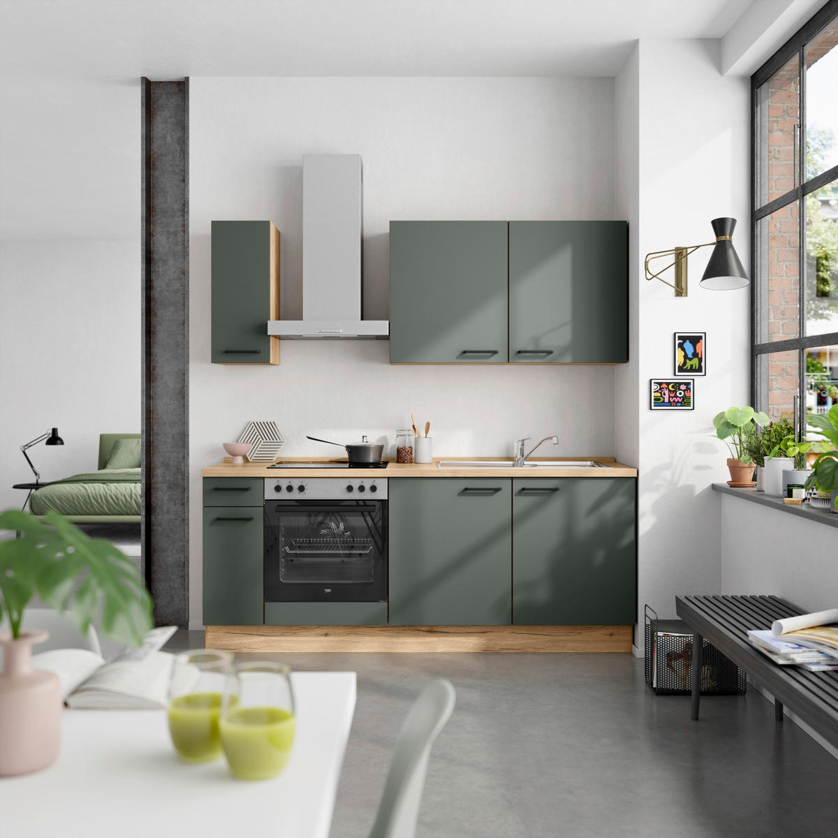 KÜCHENBLOCK 210 cm   in Eichefarben, Dunkelgrün  - Dunkelgrün/Eichefarben, MODERN, Holzwerkstoff/Metall (210cm) - Nobilia