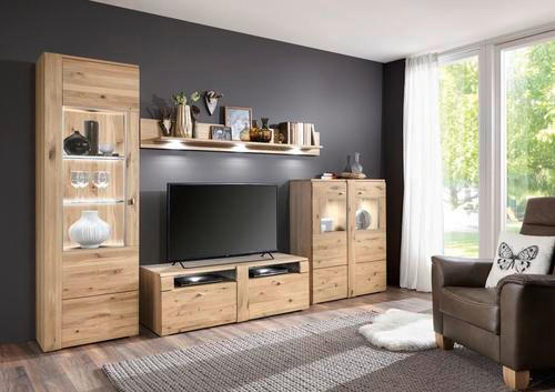 WOHNWAND  in Eichefarben, Schieferfarben  328/205/51 cm  - Schieferfarben/Eichefarben, KONVENTIONELL, Glas/Holz (328/205/51cm) - Voleo