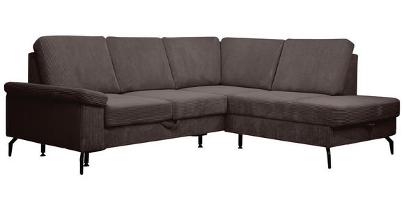 ECKSOFA Dunkelbraun Velours Bettkasten, Sitzvorzug  - Dunkelbraun/Schwarz, KONVENTIONELL, Textil/Metall (253/206cm) - Venda