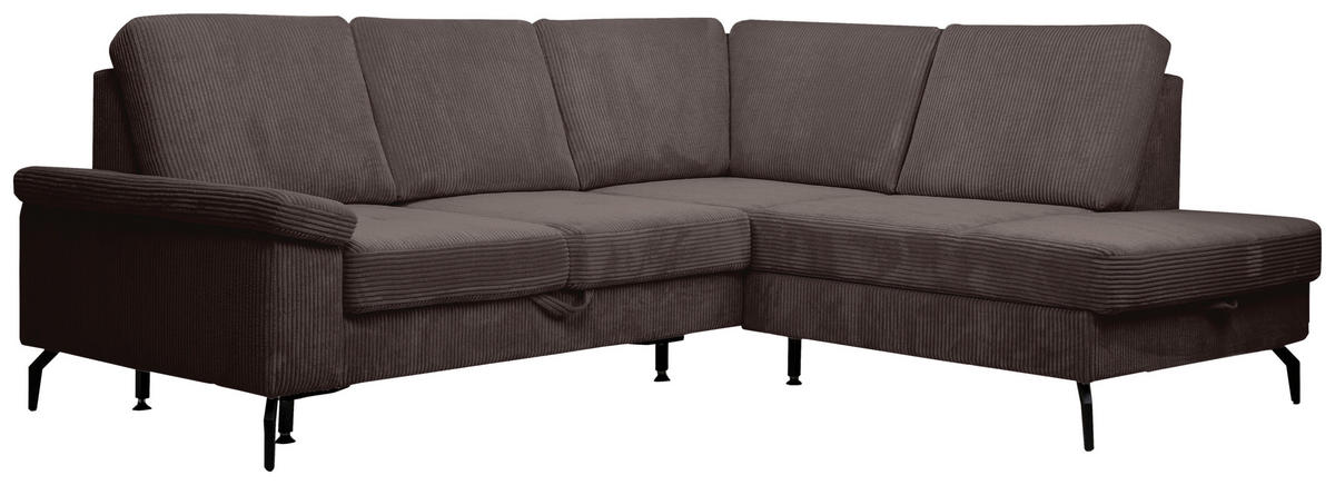 ECKSOFA Dunkelbraun Velours Bettkasten, Sitzvorzug  - Dunkelbraun/Schwarz, KONVENTIONELL, Textil/Metall (253/206cm) - Venda