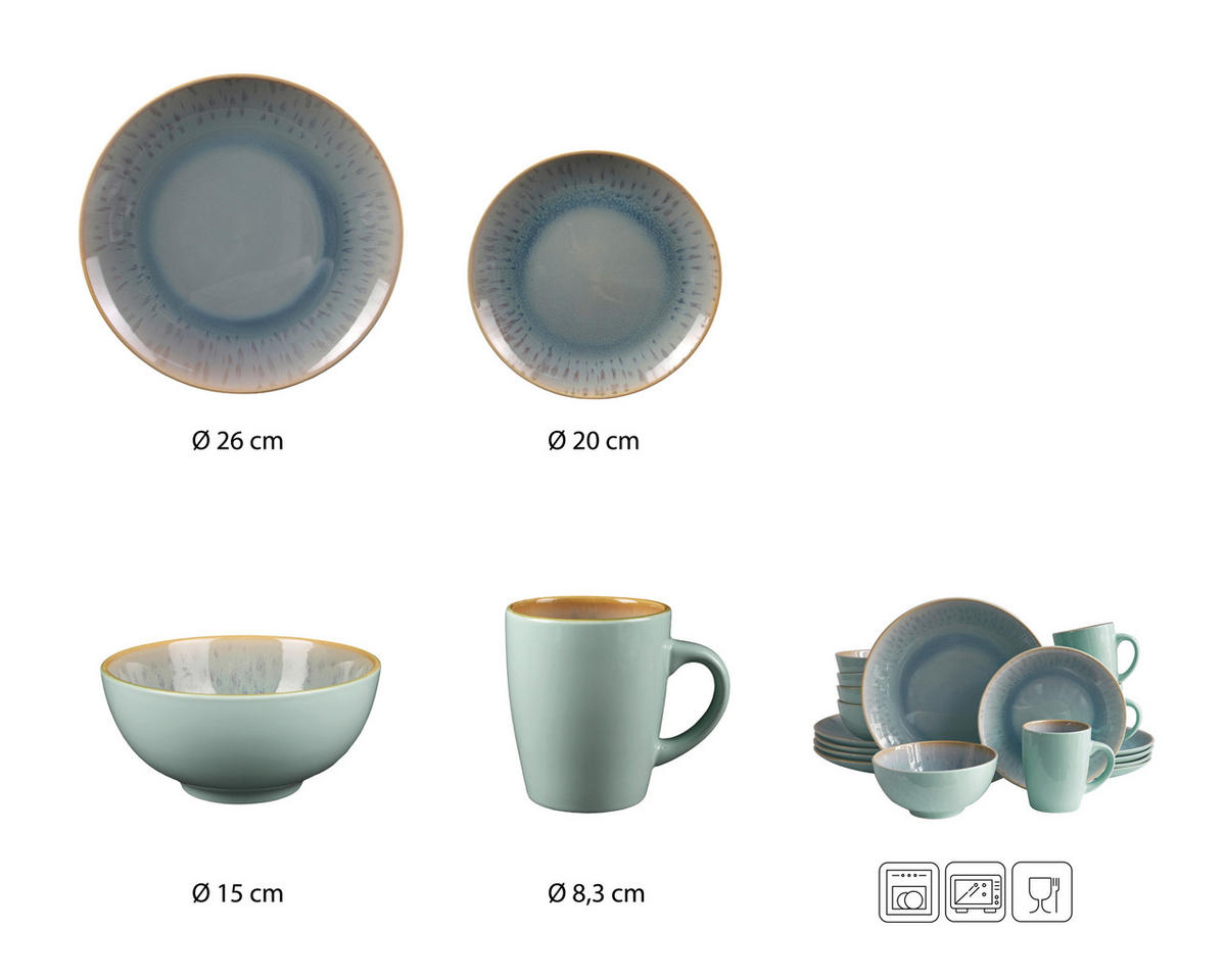 KOMBINOVANÝ SERVIS, 16-dielne, porcelán - modrá/jantárová, Basics, keramika - Echtwerk