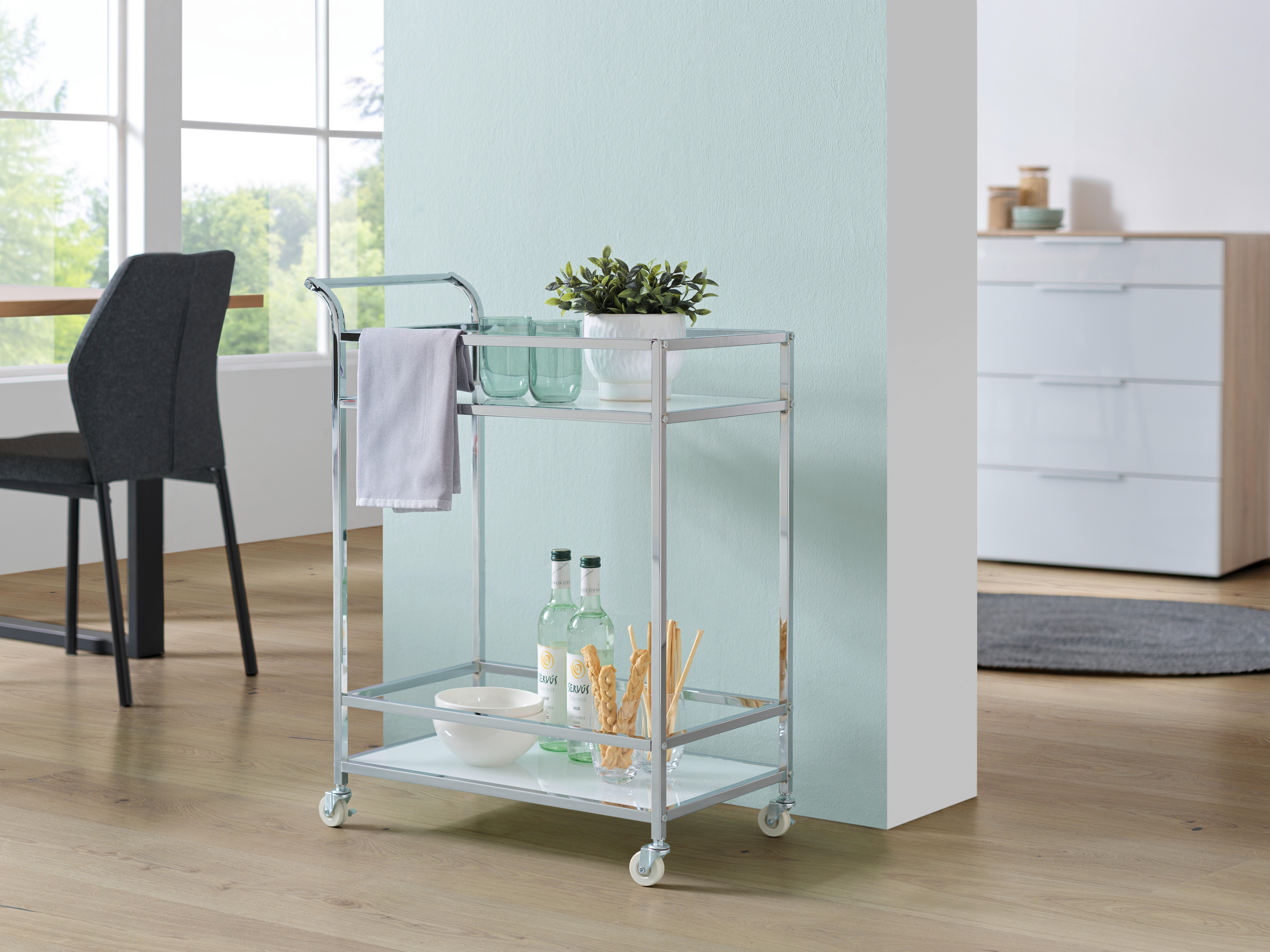 SERVIERWAGEN in Chromfarben, Weiß  - Chromfarben/Schwarz, MODERN, Glas/Kunststoff (60/80/35cm) - PBJ