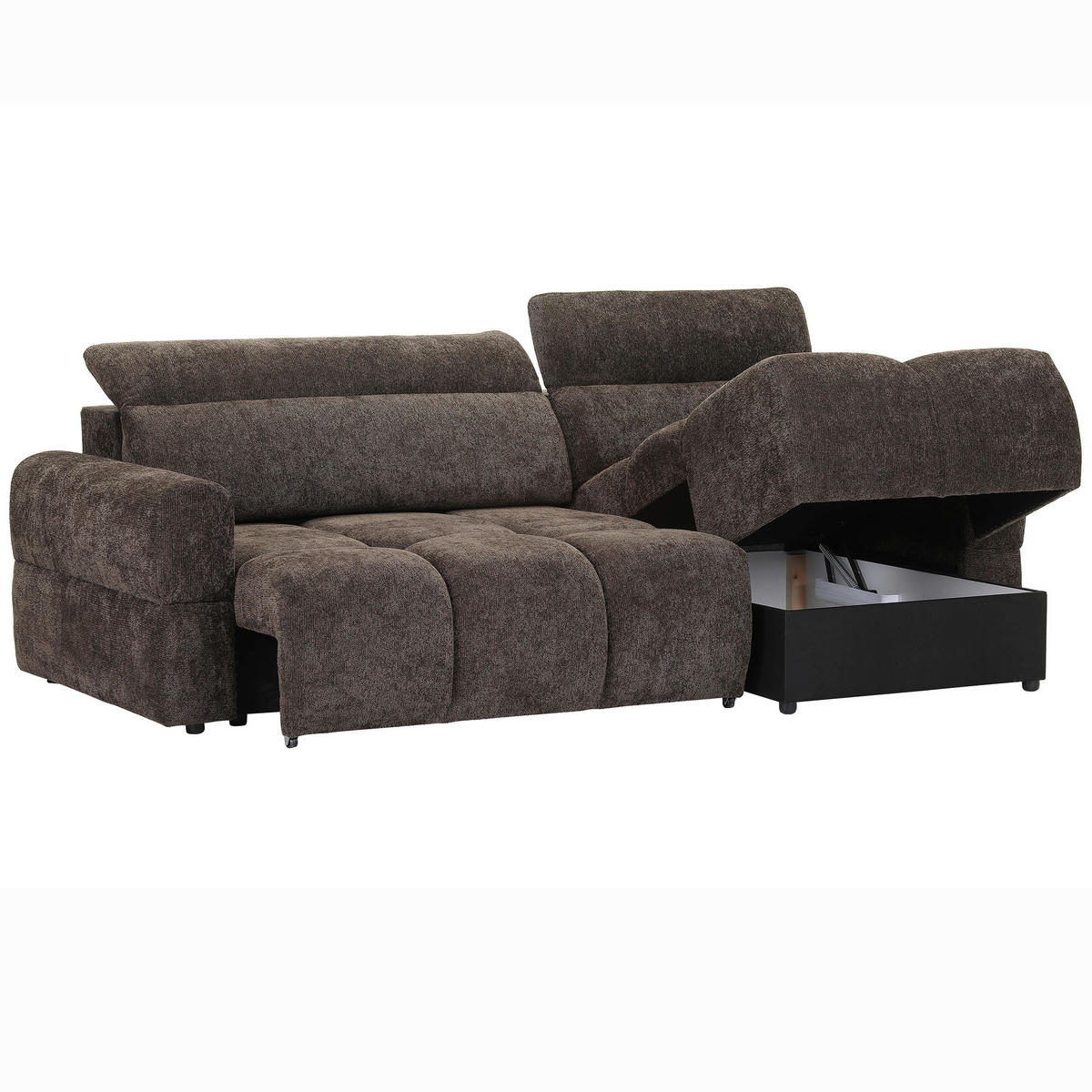 ECKSOFA Dunkelbraun Chenille Bettkasten, Rücken echt, Kopfteilverstellung, Sitztiefenverstellung  - Dunkelbraun/Schwarz, MODERN, Kunststoff/Textil (268/165cm) - Carryhome