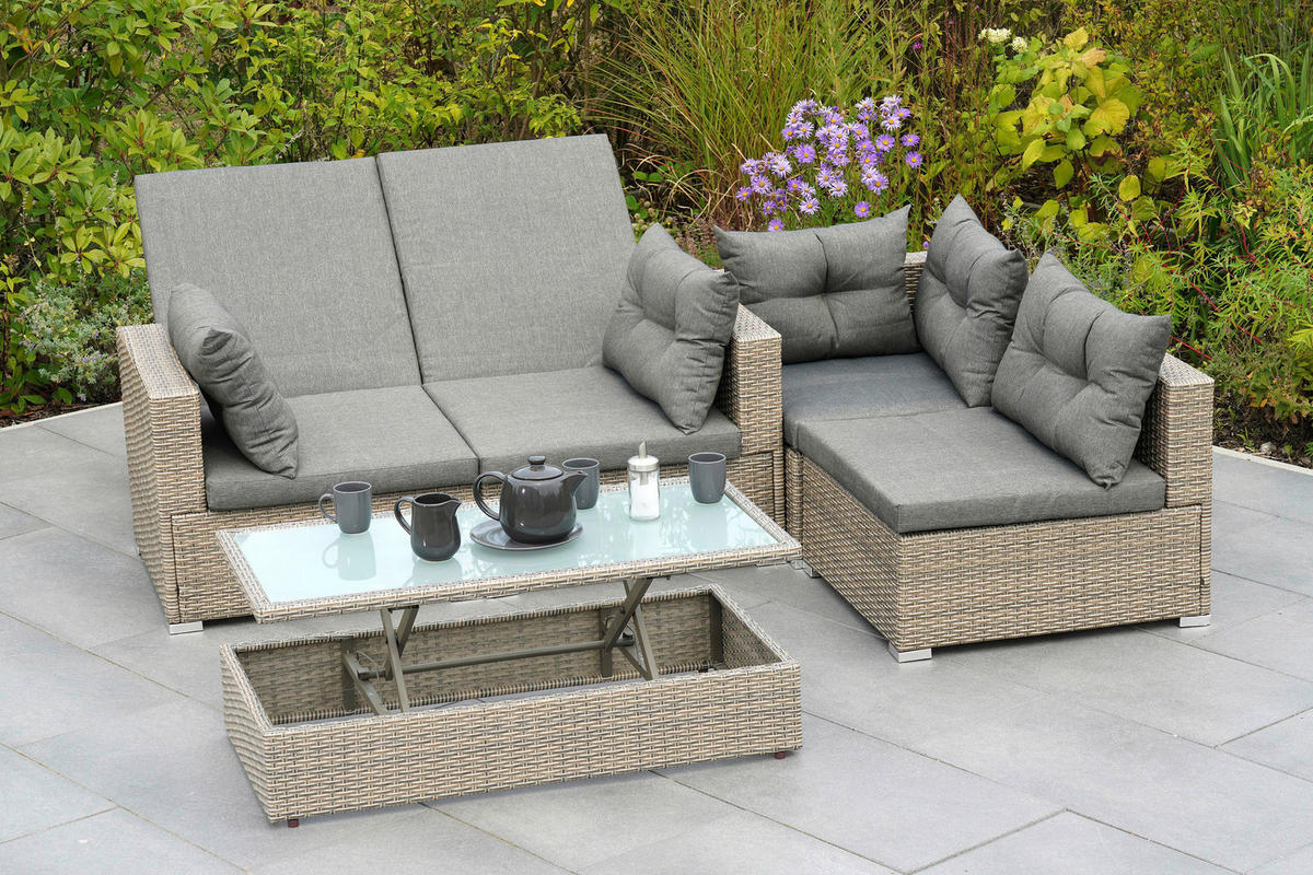 LOUNGEGARNITUR 7-teilig   Stahl  - Naturfarben/Grau, MODERN, Glas/Kunststoff - Gardenson