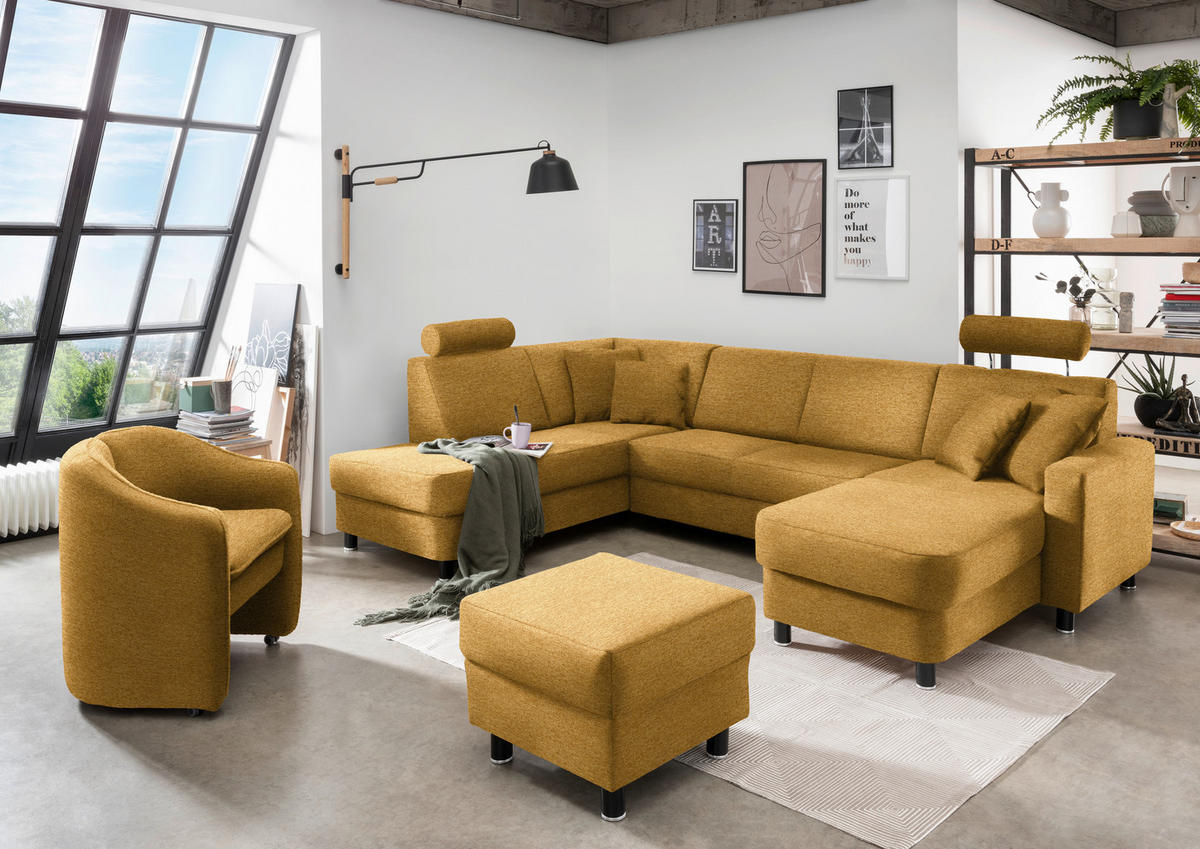 WOHNLANDSCHAFT in Webstoff Honig  - Schwarz/Honig, Design, Holz/Textil (198/296/165cm) - Xora