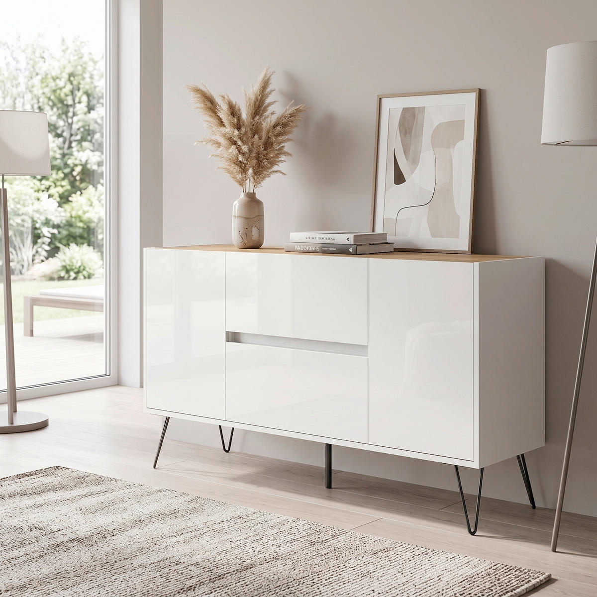SIDEBOARD Posseik Industrial 139/75,8/42 cm 2 Schublade(n)  - Weiß Hochglanz/Eichefarben, Design, Holzwerkstoff/Metall (139/75,8/42cm) - MID.YOU