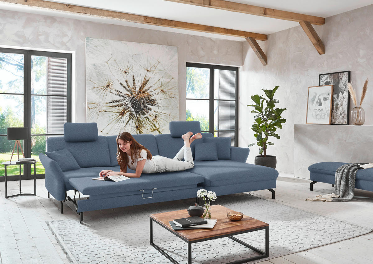 ECKSOFA in Velours Blau  - Blau/Schwarz, Design, Textil/Metall (306/179cm) - Beldomo System