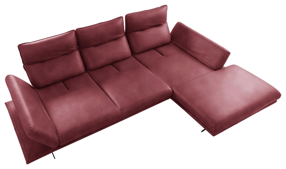 ECKSOFA Kirschrot Echtleder Armteilverstellung, Kopfteilverstellung, Sitztiefenverstellung  - Schwarz/Kirschrot, Design, Leder/Metall (291/180cm) - Celina Home