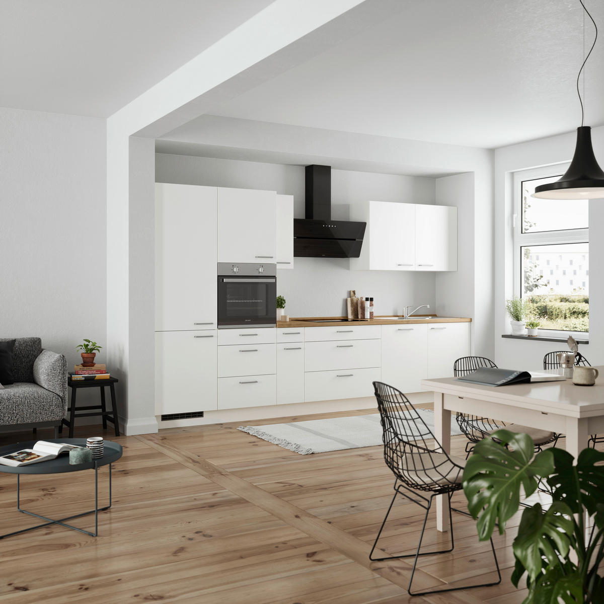 KÜCHENBLOCK 360 cm   in Weiß, Eichefarben  - Edelstahlfarben/Eichefarben, MODERN, Holzwerkstoff/Metall (360cm) - Nobilia
