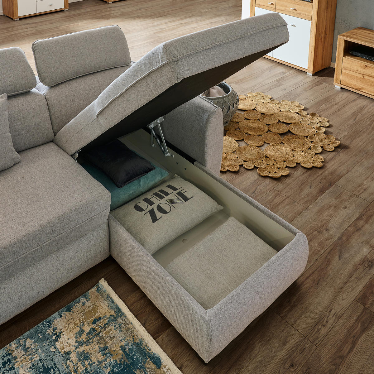 ECKSOFA in Flachgewebe Hellgrau  - Hellgrau/Schwarz, Modern, Kunststoff/Textil (182/237cm) - Carryhome