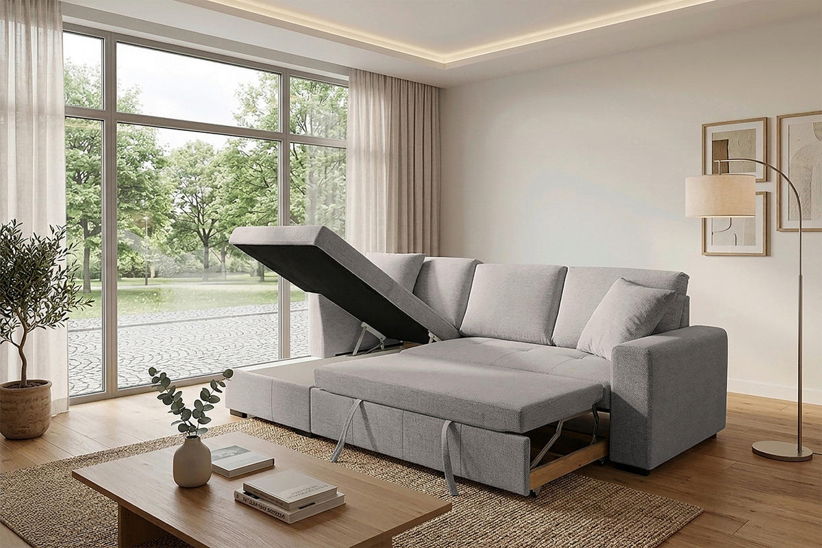 ECKSOFA LUKAS Graubraun Struktur Zierkissen, Bettkasten  - Graubraun, Trend, Textil (158/239cm) - P & B