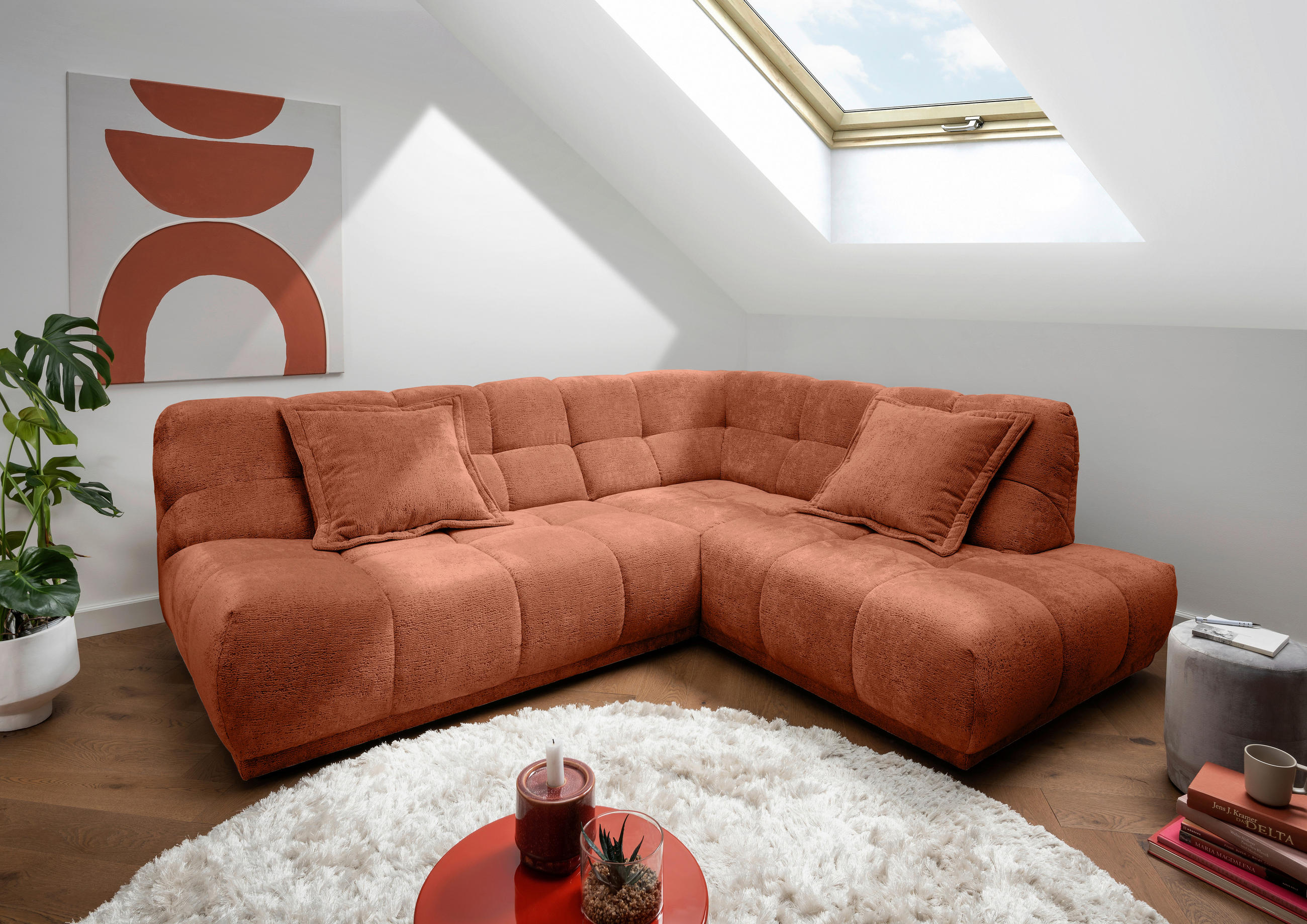 ECKSOFA Chenille Rostfarben  - Rostfarben/Schwarz, Modern, Kunststoff/Textil (254/203cm) - Livetastic