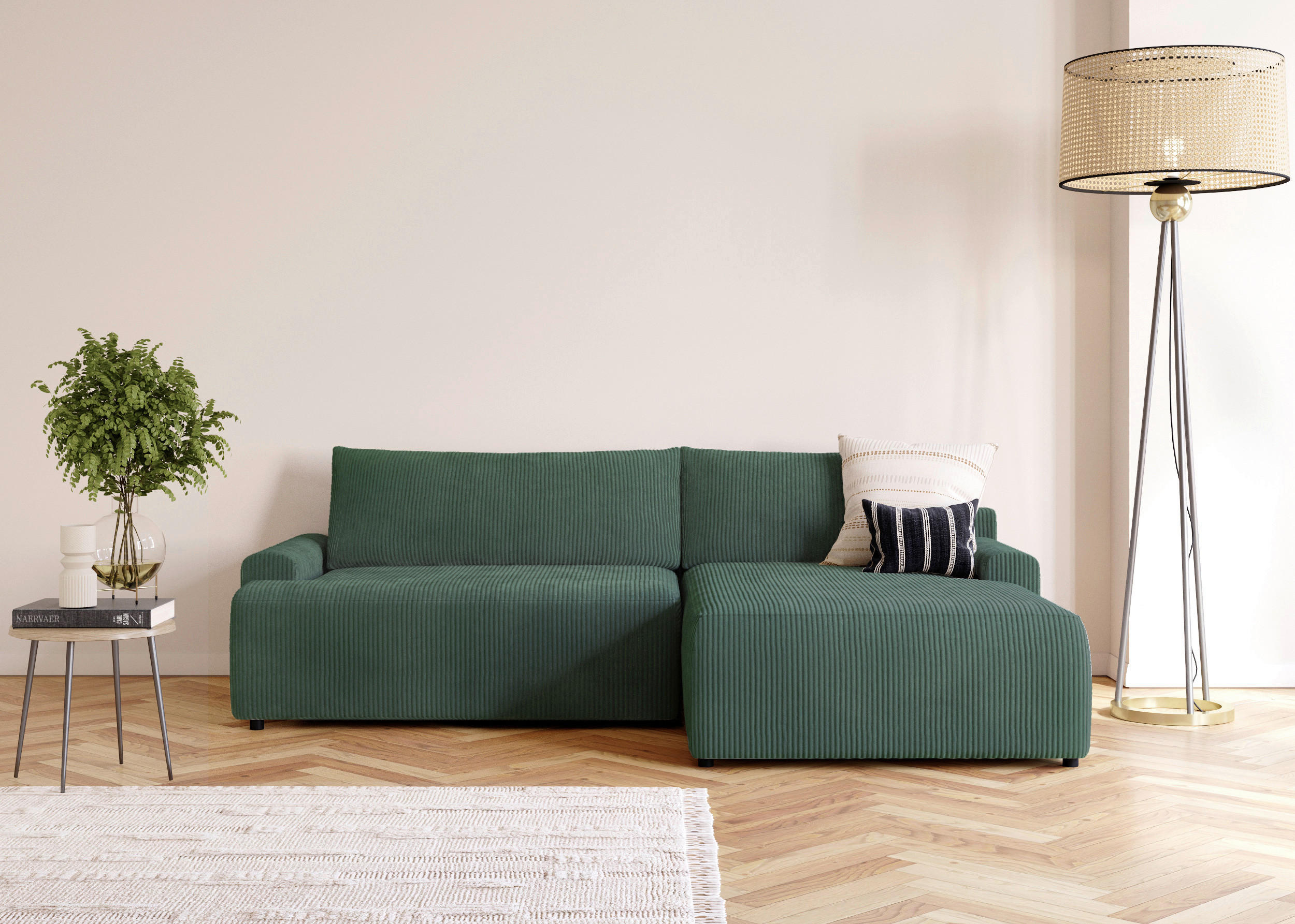 ECKSCHLAFSOFA in Cord Dunkelgrün  - Dunkelgrün/Schwarz, Modern, Kunststoff/Textil (253/167cm) - Trendmanufaktur