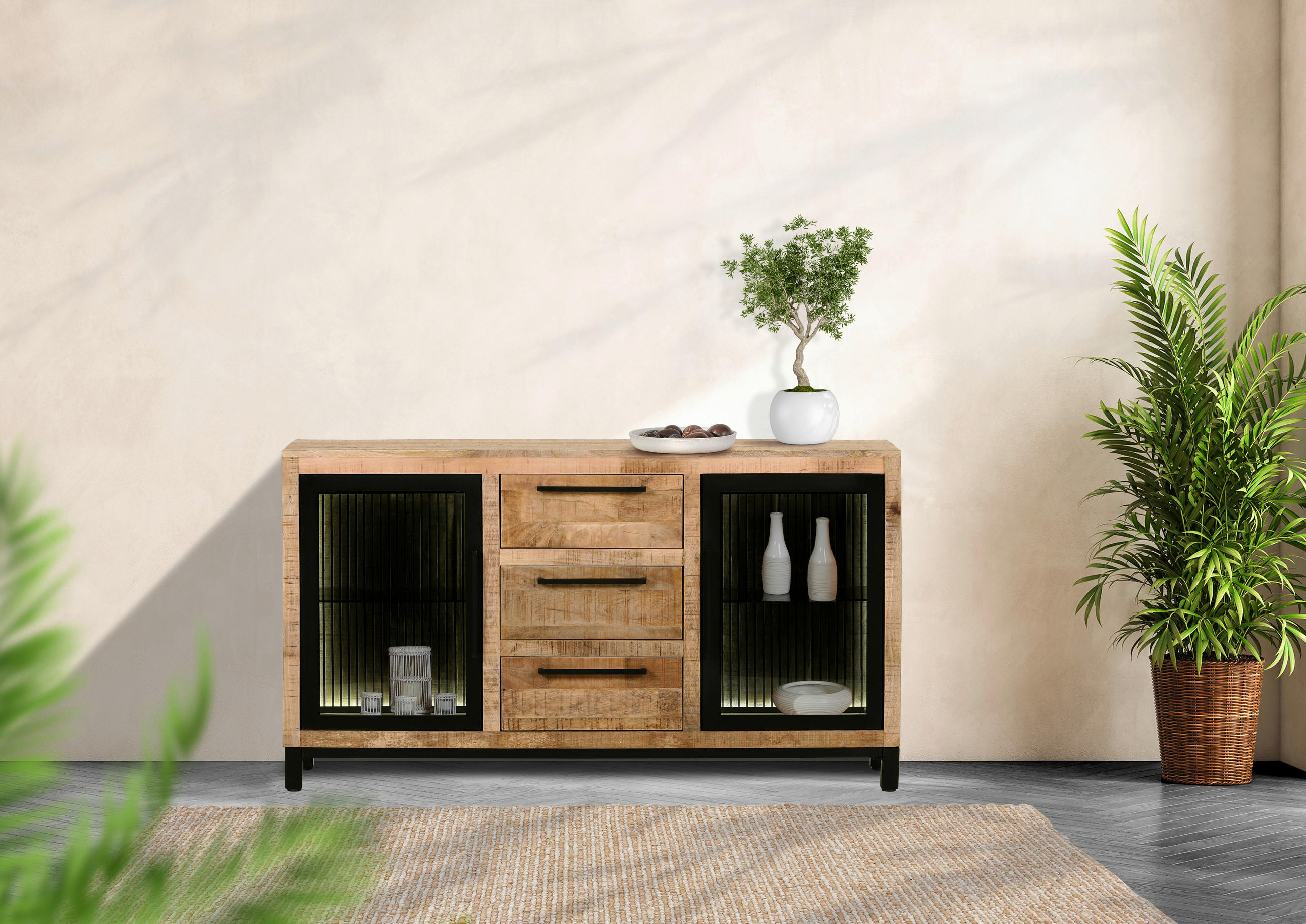 SIDEBOARD 145/80/43 cm  in Naturfarben, Schwarz  - Schwarz/Naturfarben, MODERN, Glas/Holz (145/80/43cm) - Livetastic