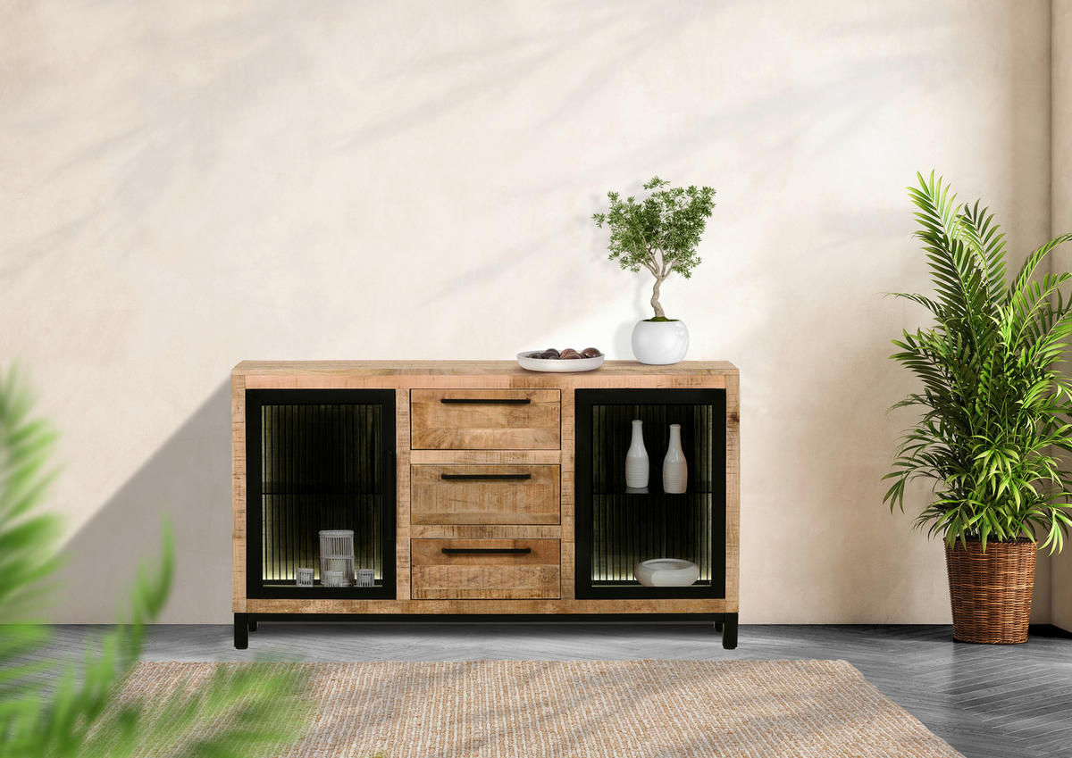 ŠIROKÁ KOMODA, mangové drevo, prírodná farba, čierna, 145/80/43 cm - čierna/prírodná farba, Modern, kov/drevo (145/80/43cm) - Livetastic