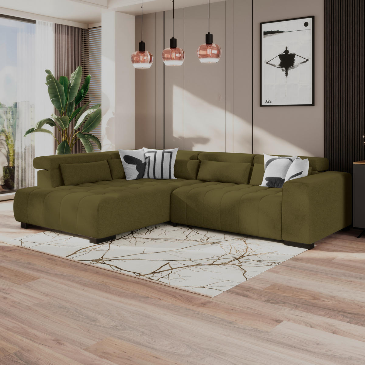 ECKSOFA MATERA Olivgrün Chenille, Struktur Nierenkissen, Kopfteilverstellung, Sitzvorzug  - Schwarz/Olivgrün, Trend, Holz/Textil (226/311cm) - MID.YOU