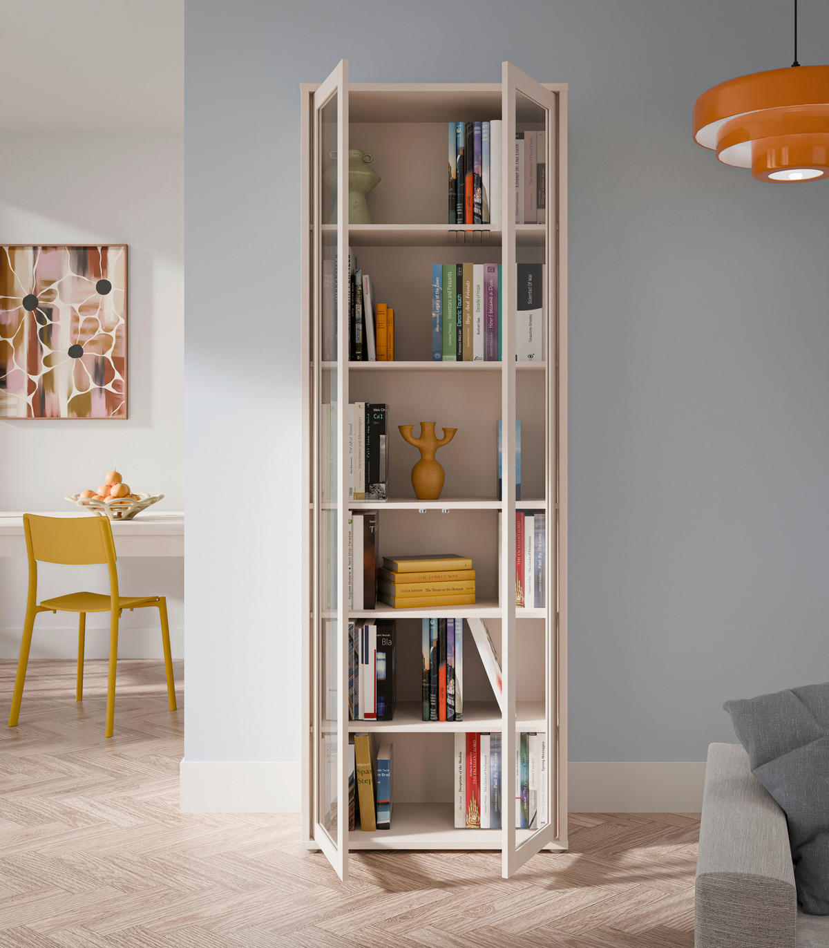 VITRINA, peščene barve - peščene barve, Moderno, steklo/leseni material (74,5/214,3/34,9cm) - Carryhome