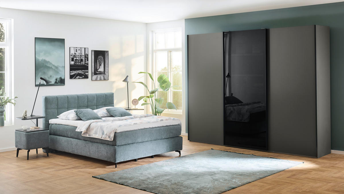 BOXSPRINGBETT 160/200 cm,  in Graublau, Matratze, gepolstertes Kopfteil, Topper, H2 + H3 = mittel + fest  - Graublau/Schwarz, MODERN, Textil/Metall (160/200cm) - Hukla