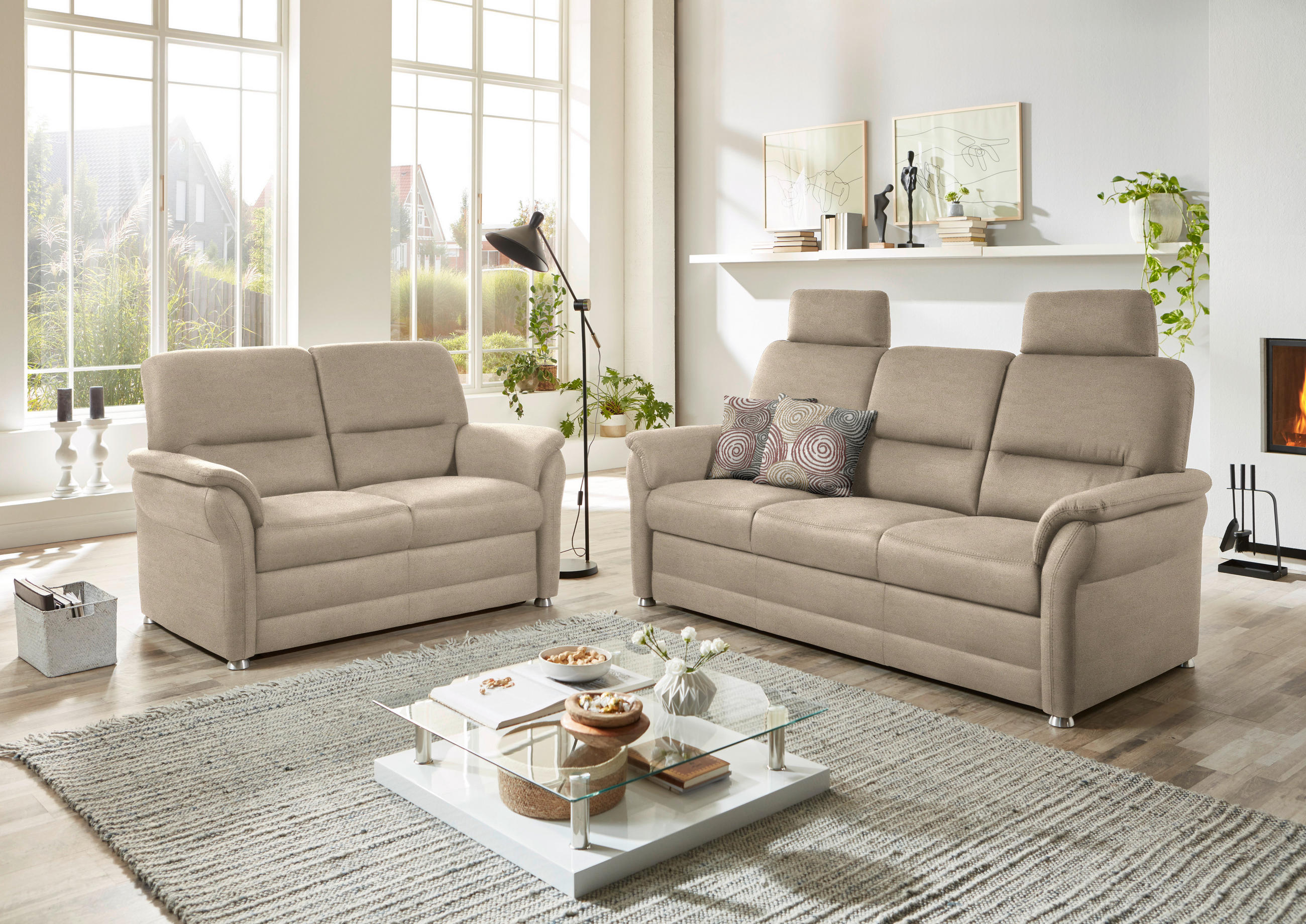 SITZGARNITUR Mikrofaser Sandfarben  - Sandfarben/Alufarben, KONVENTIONELL, Textil/Metall (192/96/89cm) - Beldomo Comfort