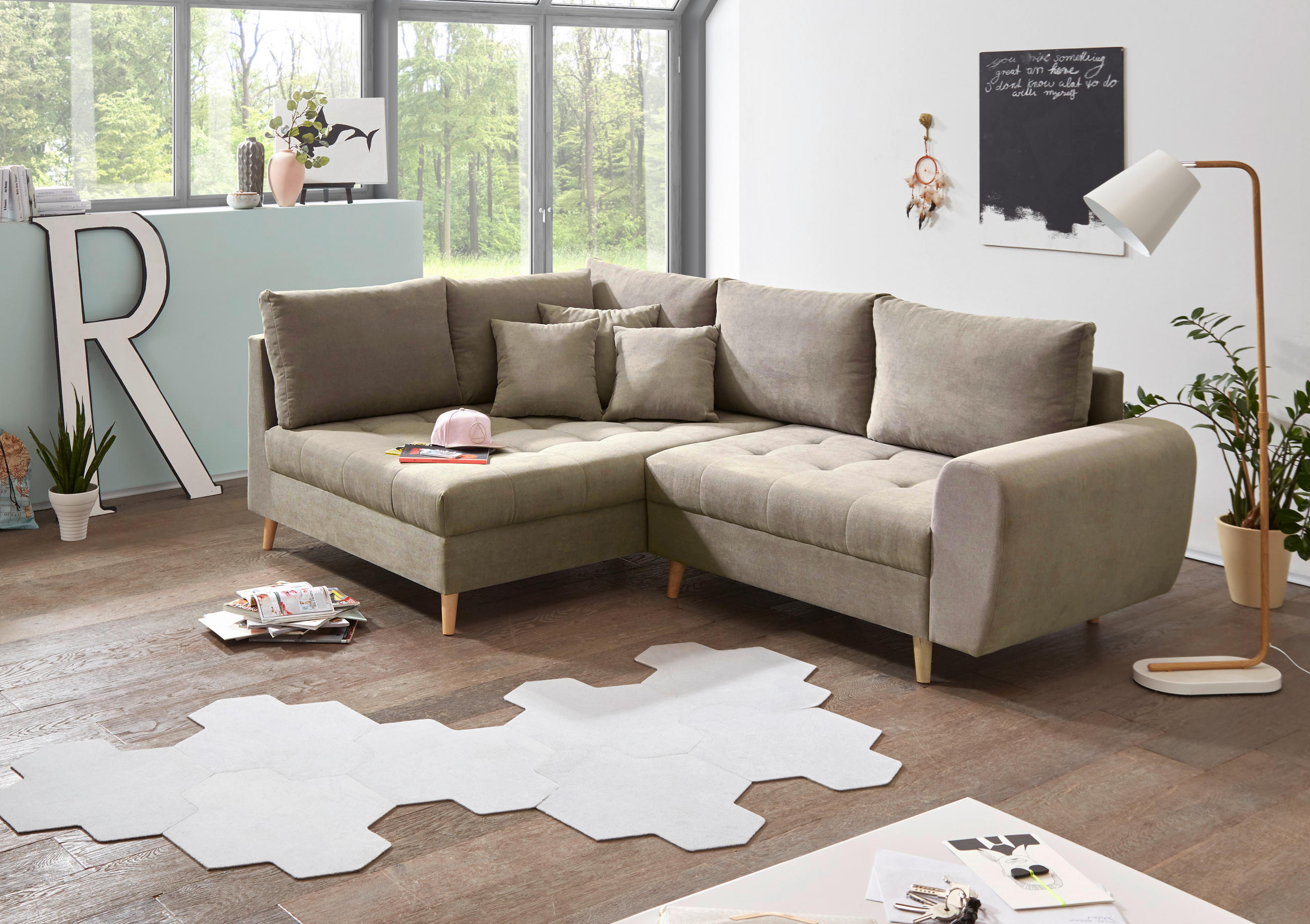 ECKSOFA in Mikrovelours Sandfarben  175/249 cm  - Sandfarben/Kieferfarben, KONVENTIONELL, Holzwerkstoff/Kunststoff (175/249cm) - MID.YOU