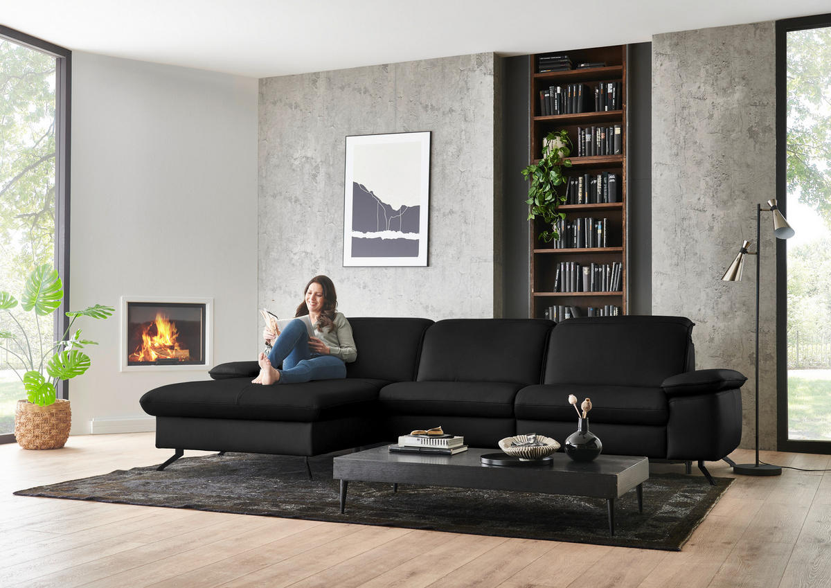 ECKSOFA  Echtleder Schwarz  - Schwarz, Design, Leder/Metall (169/307cm) - Beldomo Premium