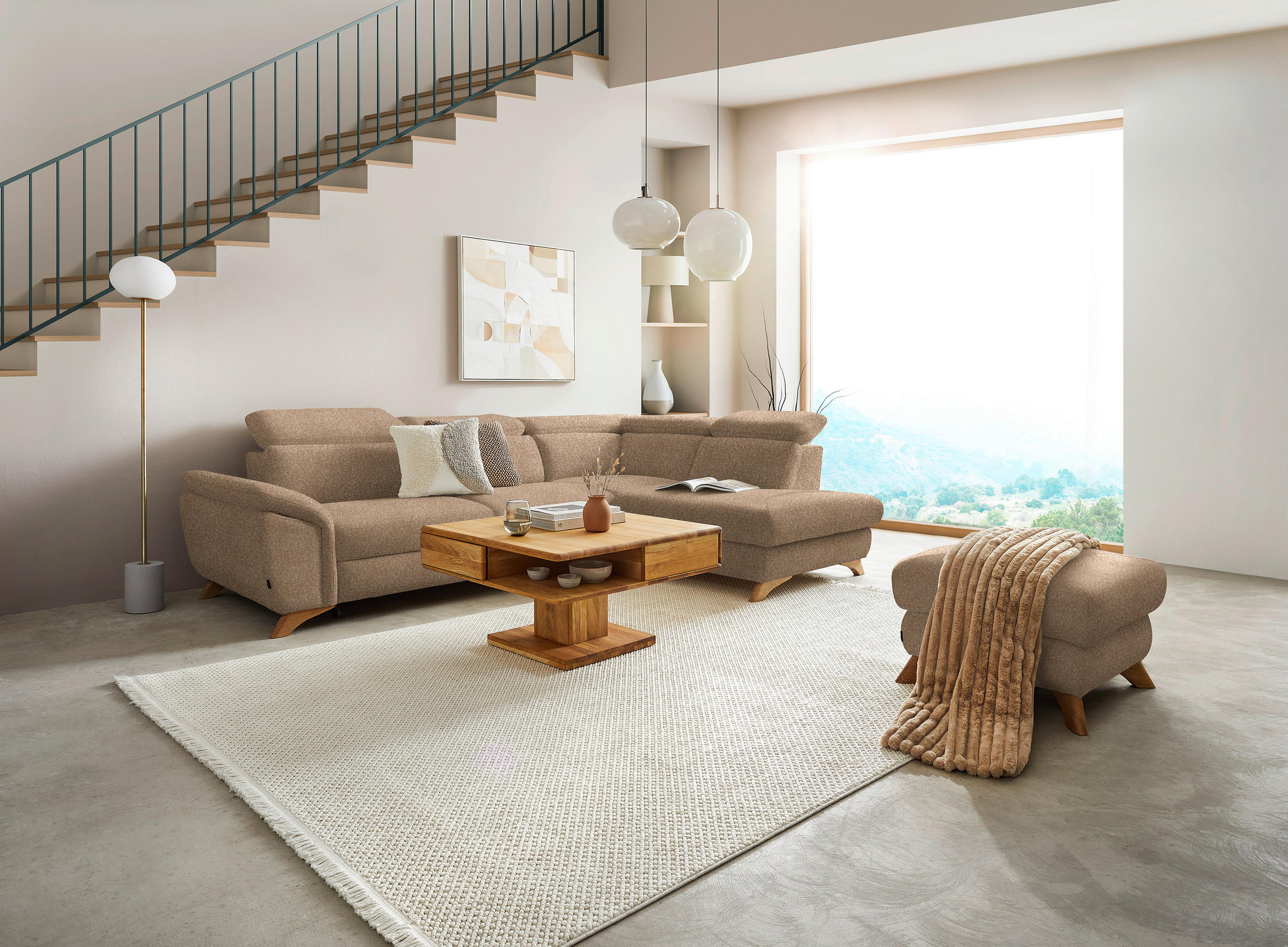 ECKSOFA in Bouclé Hellbraun  - Hellbraun/Eichefarben, Modern, Holz/Textil (287/212cm) - Valnatura