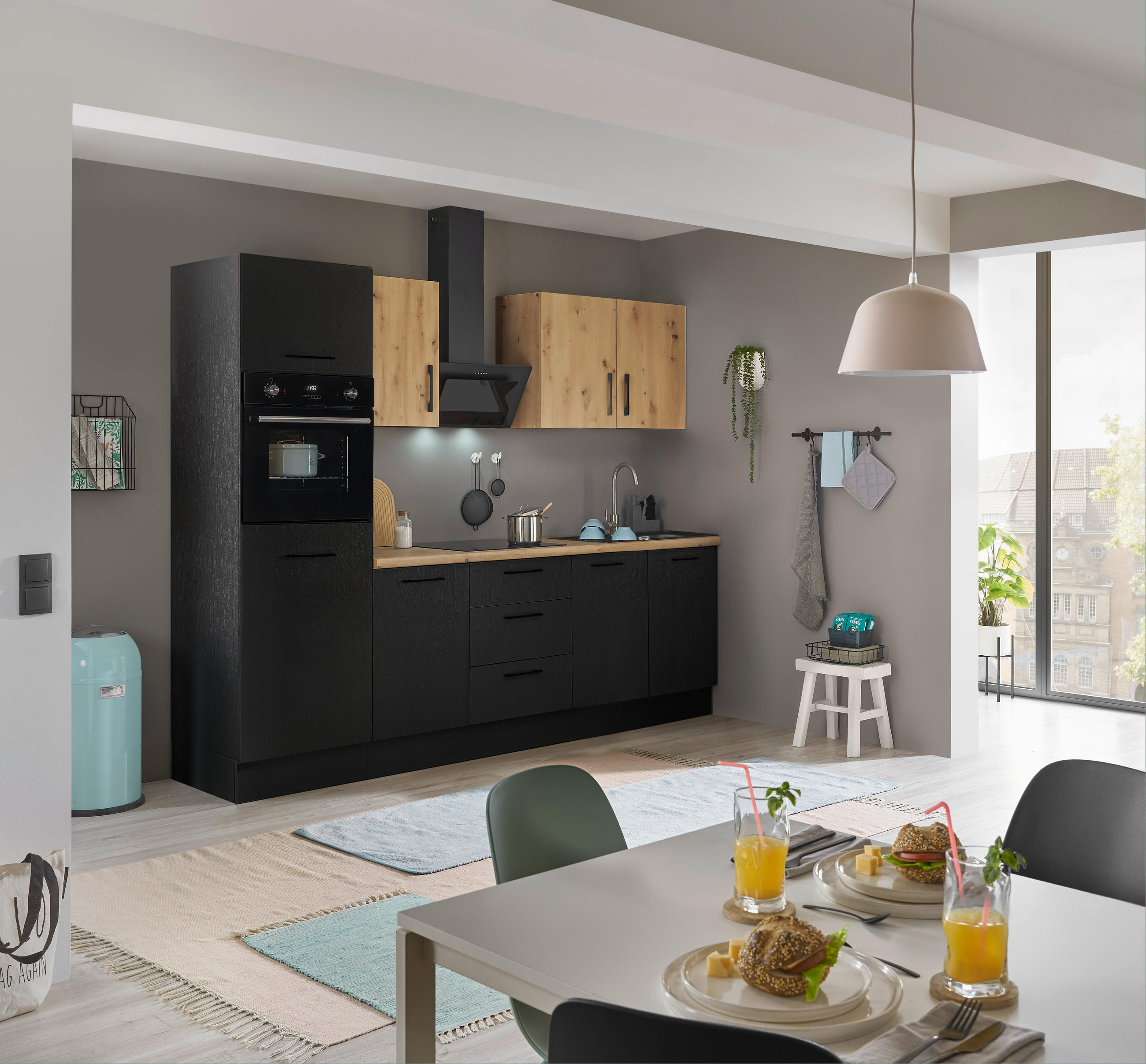 Thumbnail - Mid.you Küchenblock, Schwarz, Eiche Artisan, Metall, 1 Schublade(n),3 Schublade(n) Schubladen, seitenverkehrt montierbar...