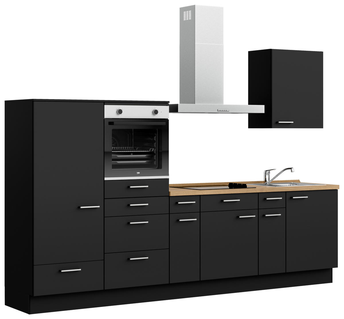 KÜCHENBLOCK 300 cm   in Schwarz, Eichefarben  - Edelstahlfarben/Eichefarben, MODERN, Holzwerkstoff/Metall (300cm) - Nobilia