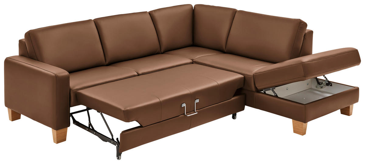 ECKSOFA in Echtleder Braun  - Eiche Bianco/Braun, Natur, Leder/Holz (257/235cm) - Valdera