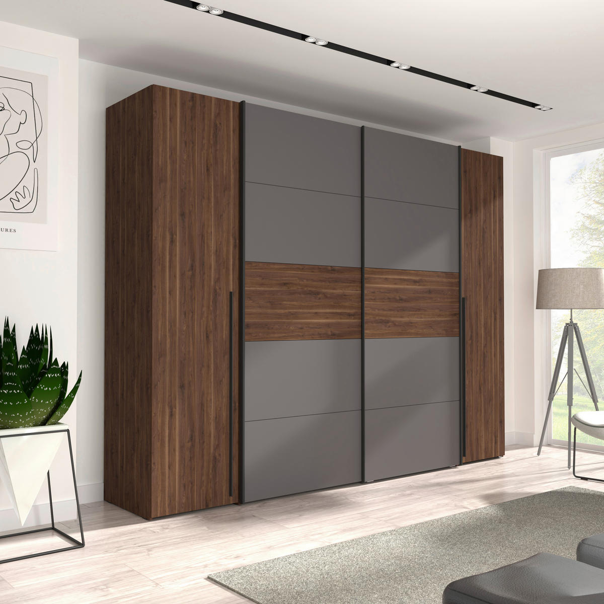 KLEIDERSCHRANK 270/210/61 cm 4-türig Grau, Walnussfarben  - Walnussfarben/Schwarz, MODERN, Holzwerkstoff/Kunststoff (270/210/61cm) - MID.YOU