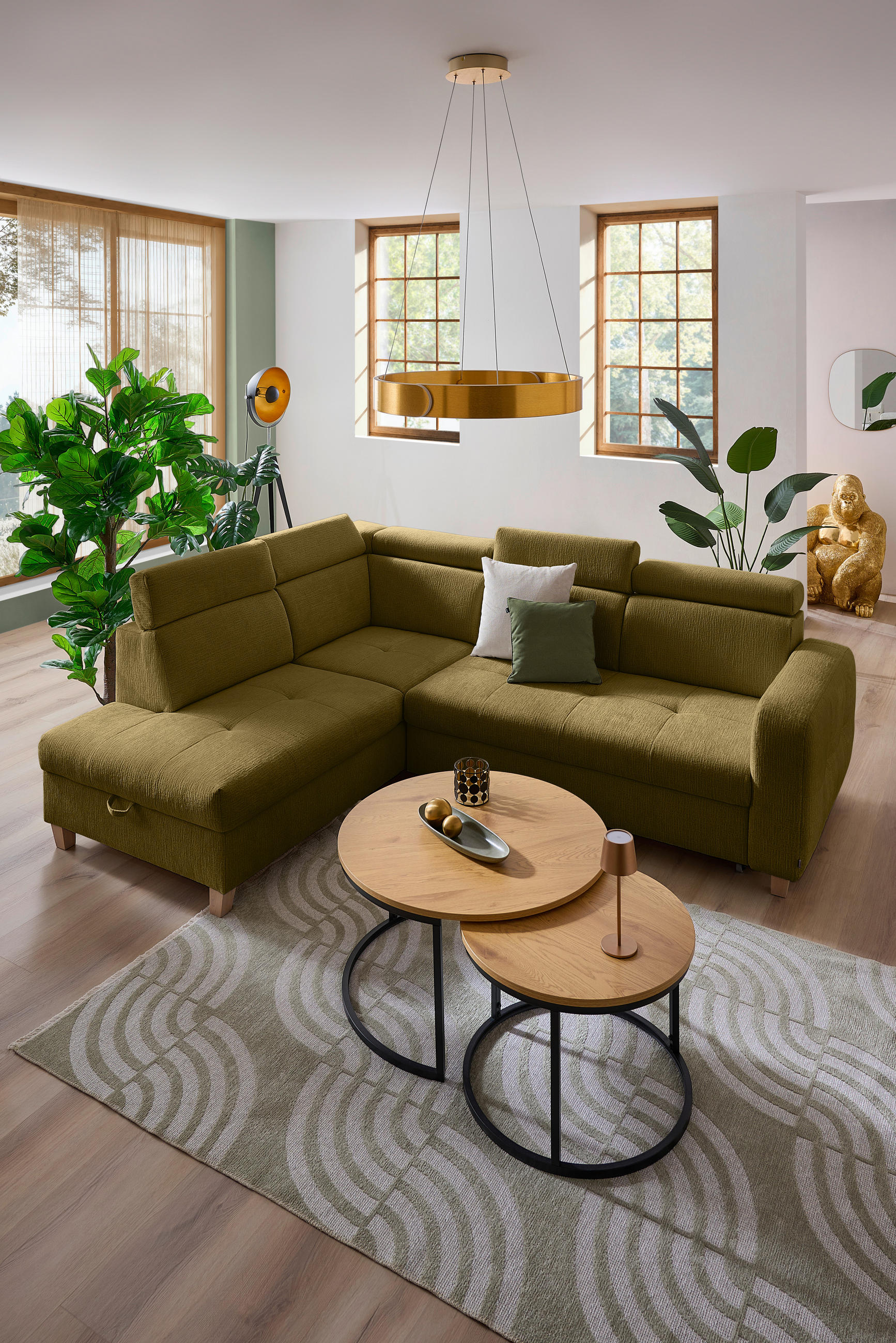 ECKSOFA inkl. Funktionen Olivgrün Samt  - Olivgrün, Natur, Holz/Textil (206/261cm) - Venda