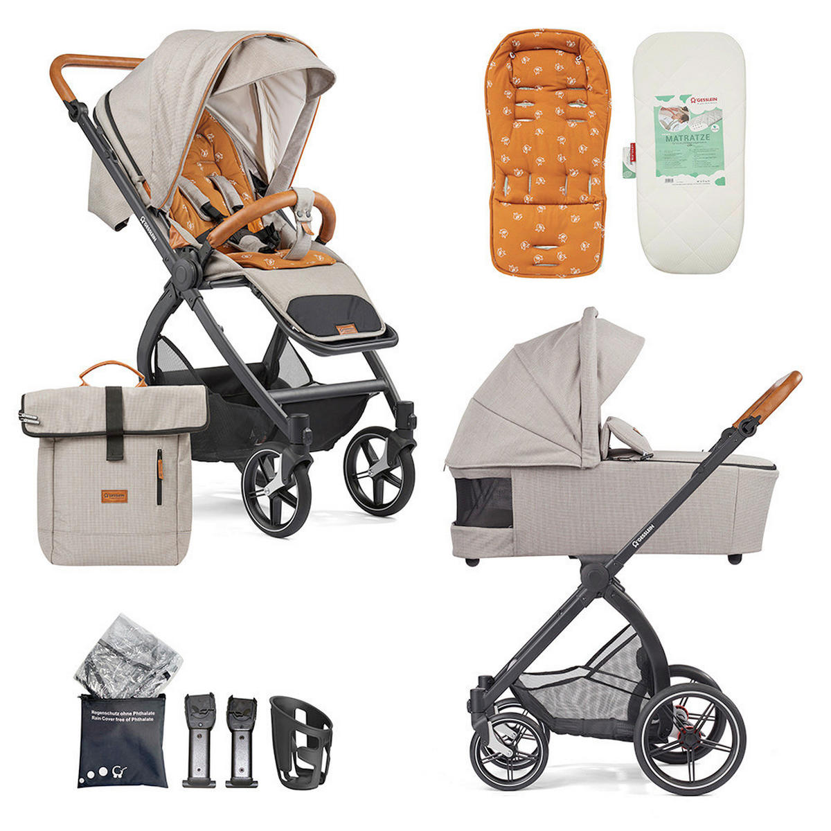 KINDERWAGENSET  FX4 Swing Set  Beige-Cognac  - Khaki/Cognac, Basics, Textil (100/55/130cm) - Gesslein