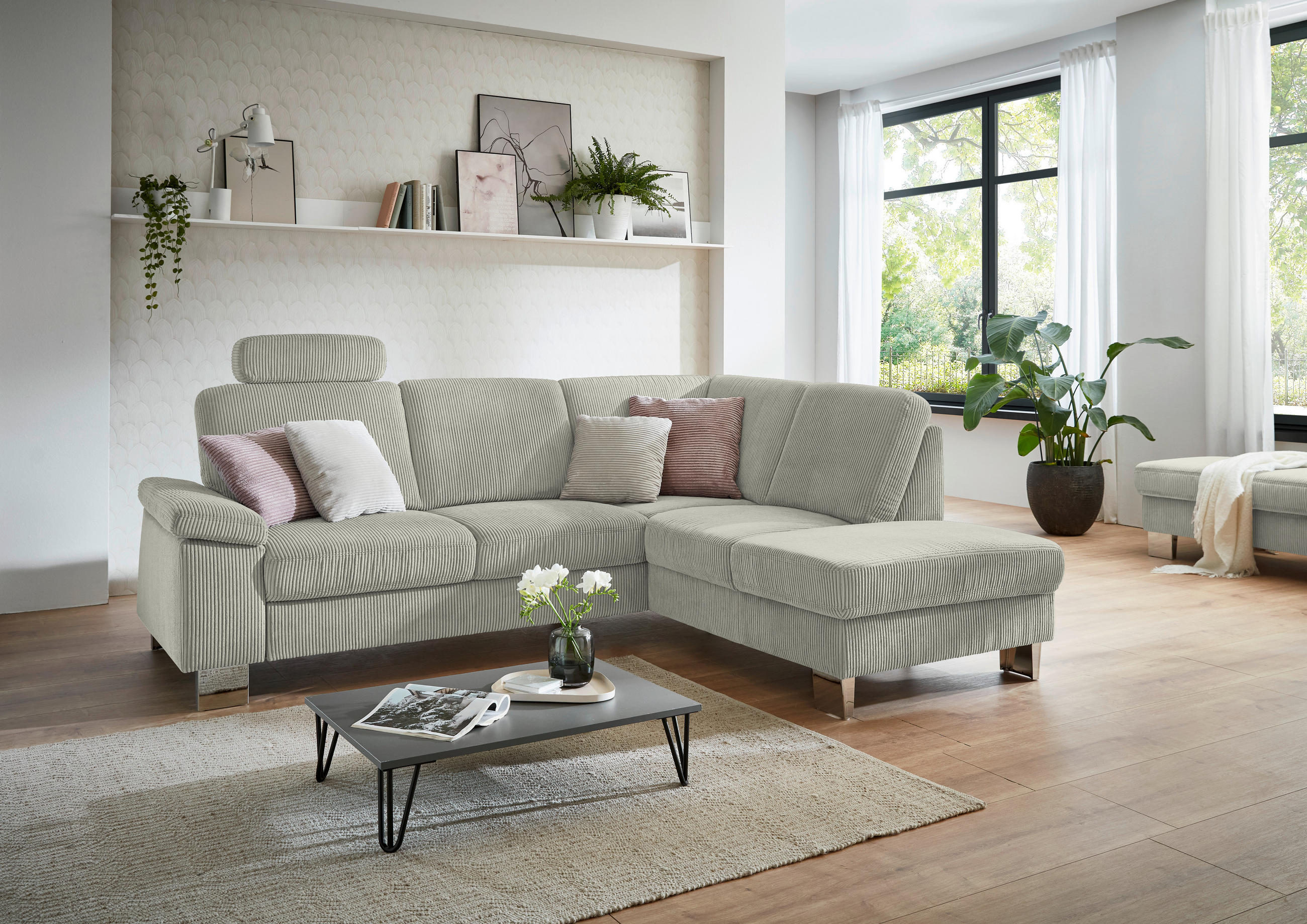 ECKSOFA in Cord Greige  - Edelstahlfarben/Greige, Konventionell, Textil/Metall (248/200cm) - Beldomo System