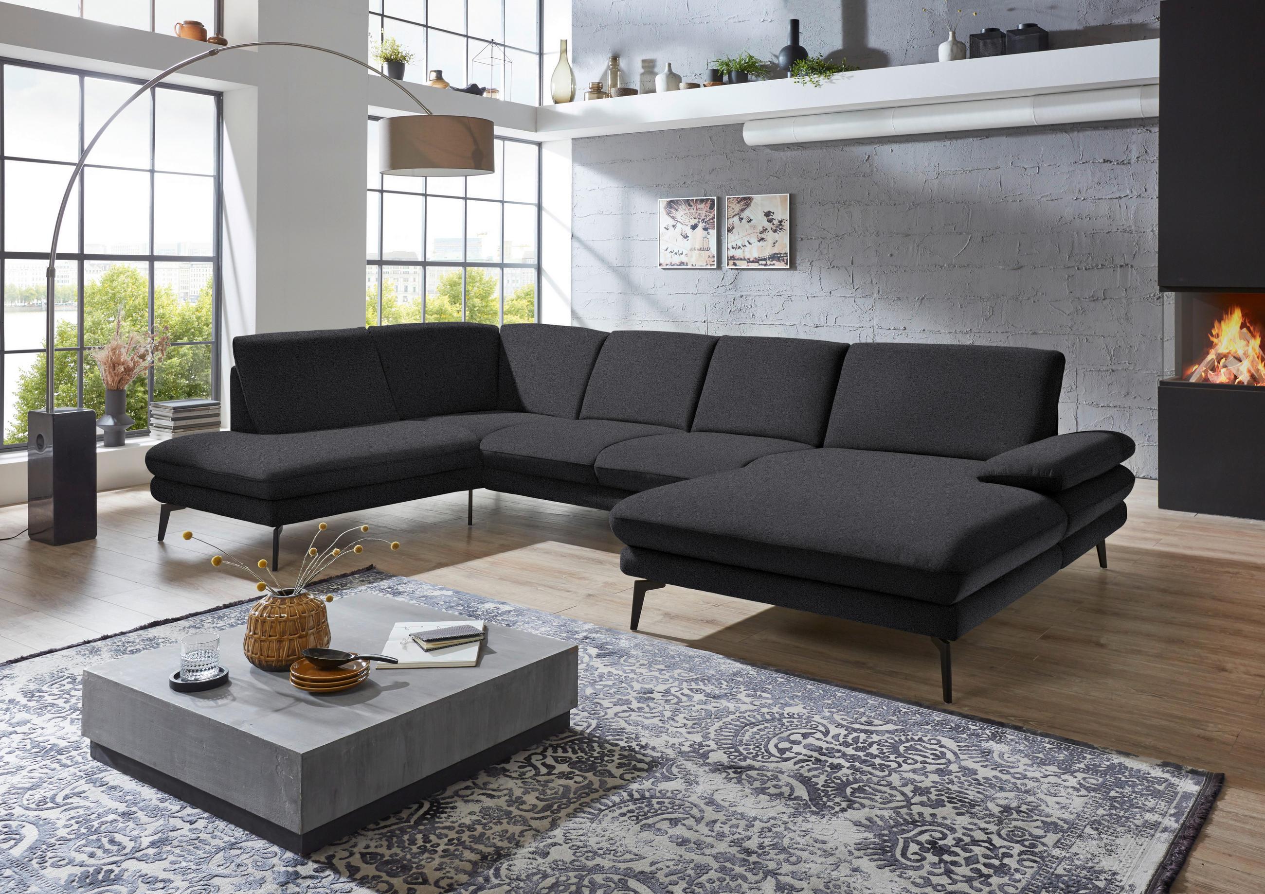 WOHNLANDSCHAFT in Webstoff Anthrazit  - Anthrazit/Schwarz, Design, Textil/Metall (208/344/180cm) - Dieter Knoll