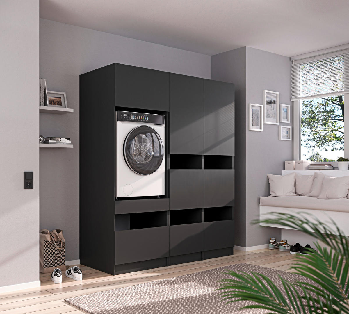 MEHRZWECKSCHRANK 50/200/68 cm  in Anthrazit  - Anthrazit/Schwarz, Design, Holzwerkstoff/Metall (50/200/68cm) - Milino
