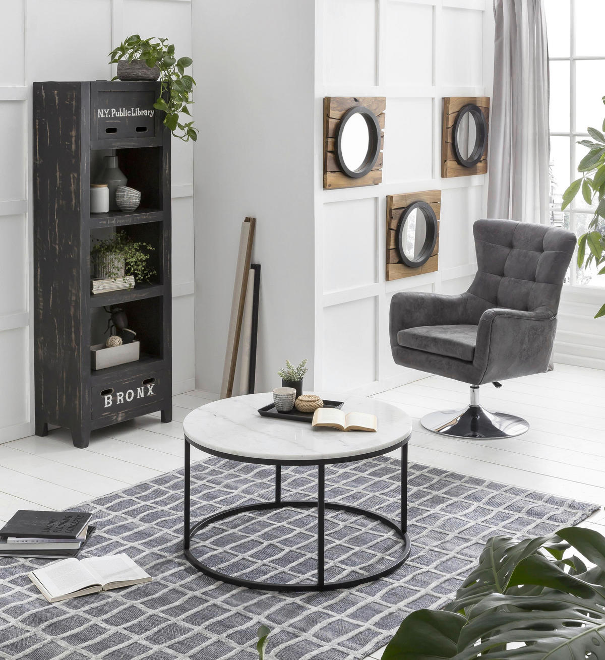 COUCHTISCH 85/85/48 cm rund Schwarz, Weiß  - Schwarz/Weiß, Design, Stein/Metall (85/85/48cm) - MID.YOU