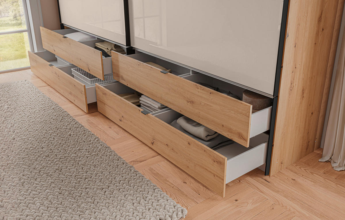 SCHWEBETÜRENSCHRANK 252/222/68 cm 2-türig Eiche Artisan, Elfenbein  - Elfenbein/Schwarz, Design, Glas/Holzwerkstoff (252/222/68cm) - Dieter Knoll