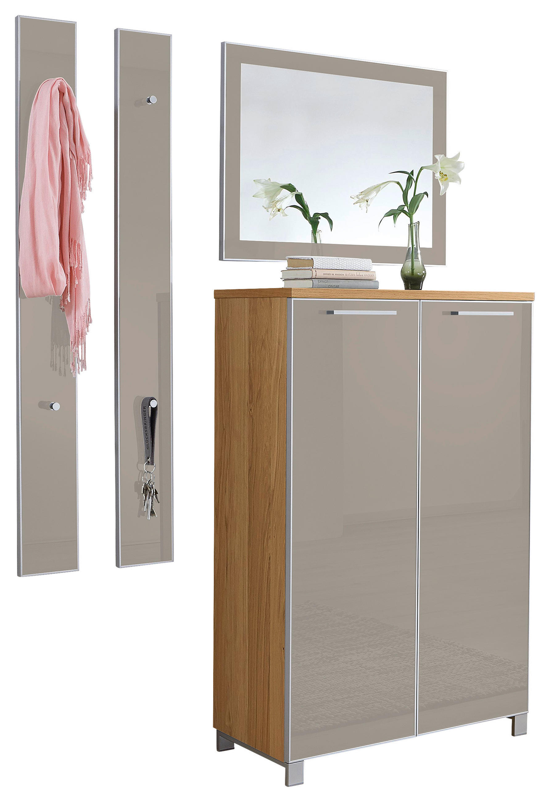 GARDEROBE Taupe, Eichefarben - Taupe/Eichefarben, Design, Glas/Holz (135/195/37cm)
