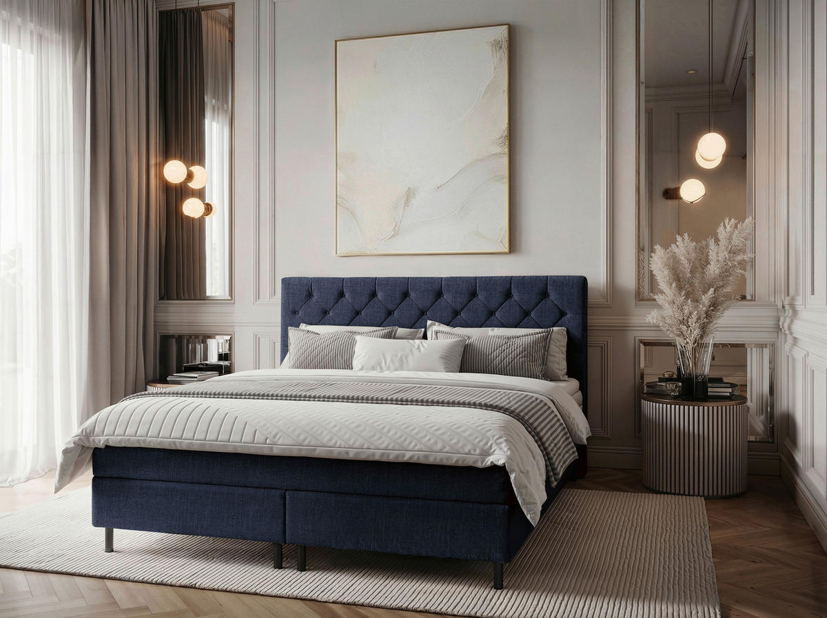 BOXSPRINGBETT 160/200 cm,  in Dunkelblau, Matratze, Topper, H2 + H2 = mittel  - Schwarz/Dunkelblau, KONVENTIONELL, Textil/Metall (160/200cm) - Chameo